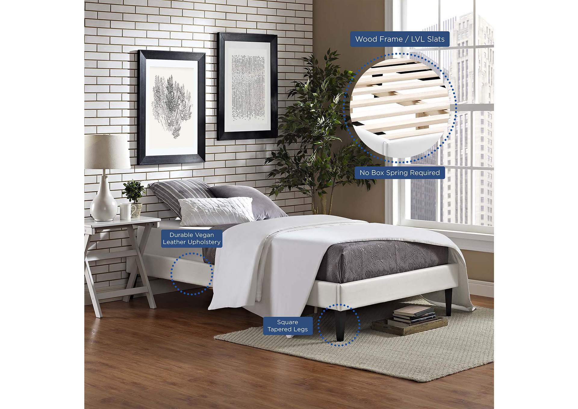 White Tessie Twin Bed - Vinyl Frame with Squared Tapered Legs,Modway