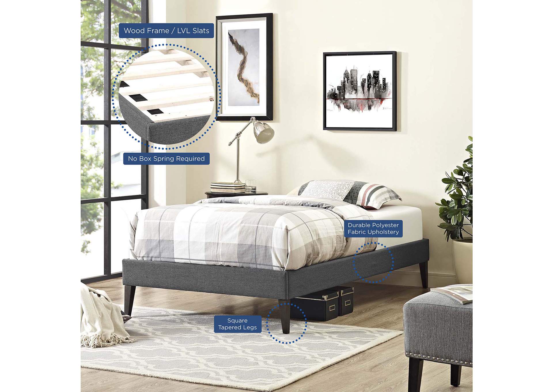 Gray Tessie Twin Bed - Fabric Frame with Squared Tapered Legs,Modway