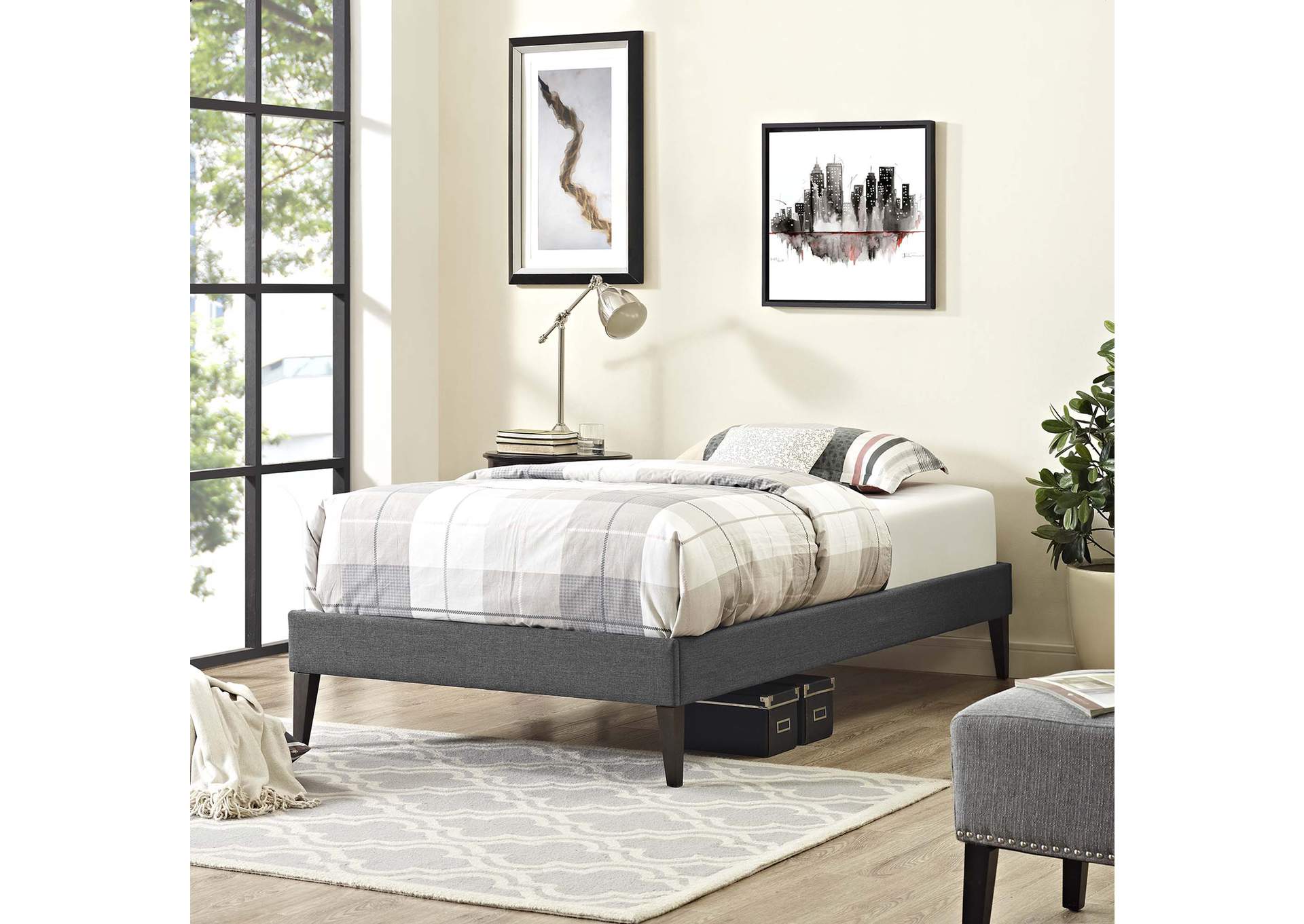 Gray Tessie Twin Bed - Fabric Frame with Squared Tapered Legs,Modway