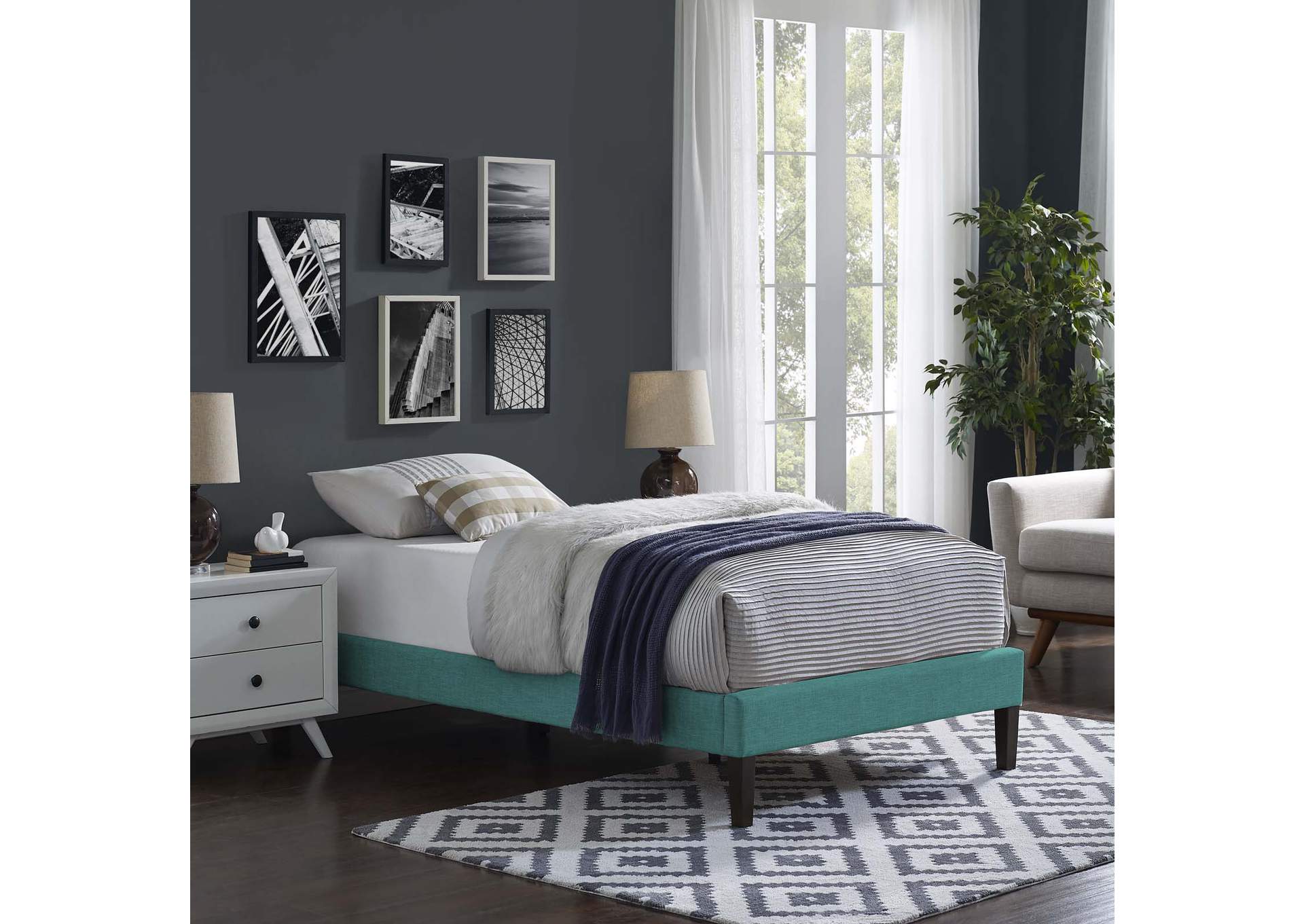 Teal Tessie Twin Bed - Fabric Frame with Squared Tapered Legs,Modway