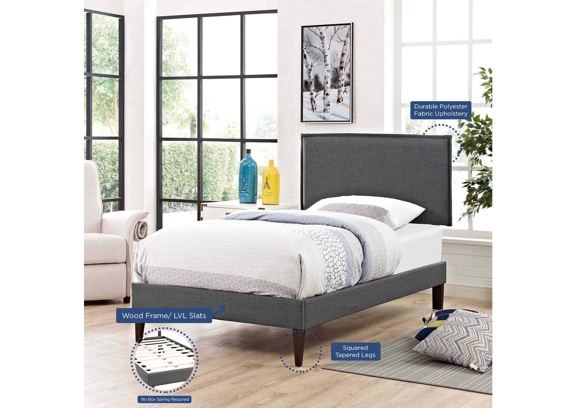 Gray Amaris Platform Twin Bed - Fabric with Squared Tapered Legs,Modway