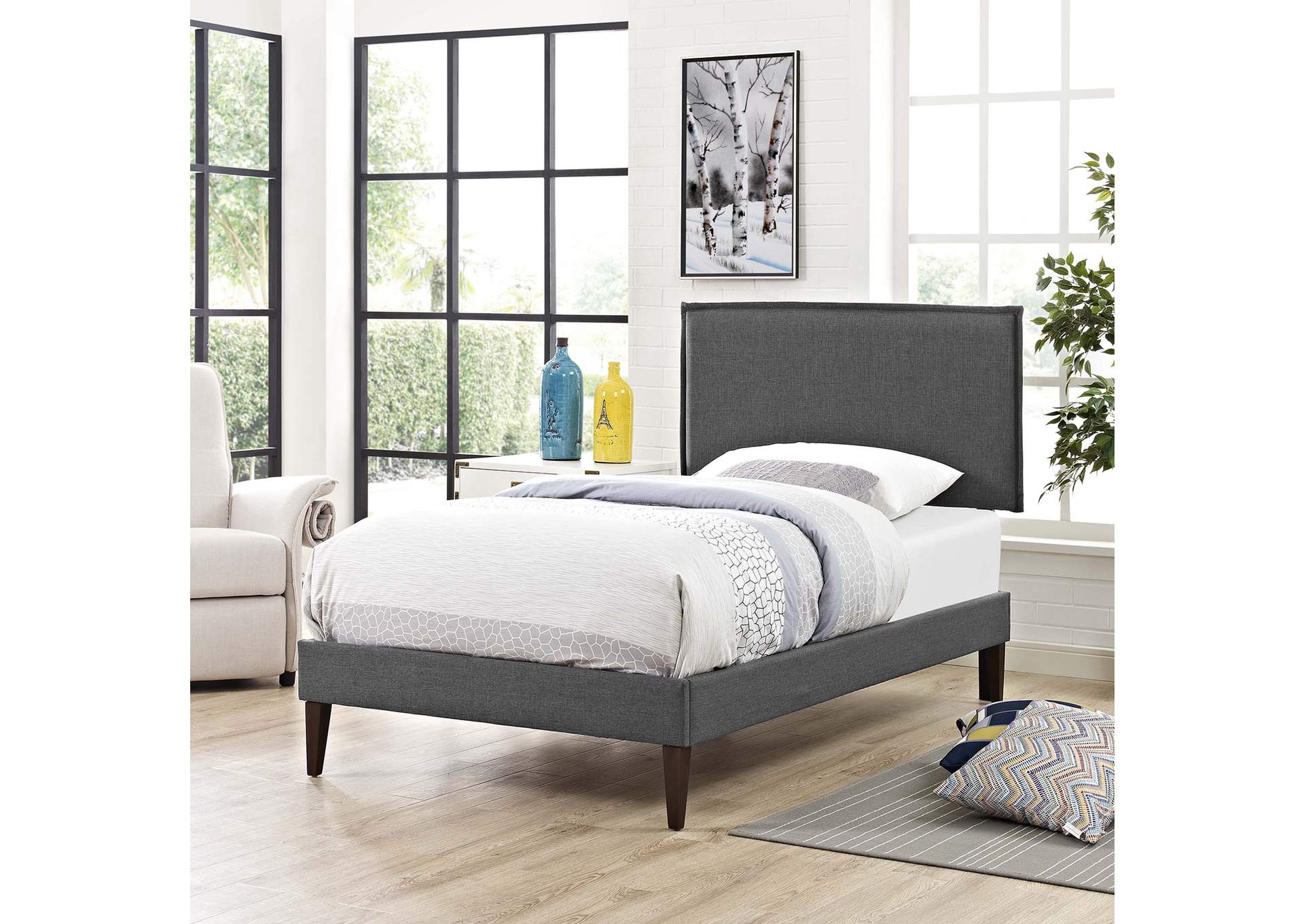 Gray Amaris Platform Twin Bed - Fabric with Squared Tapered Legs,Modway