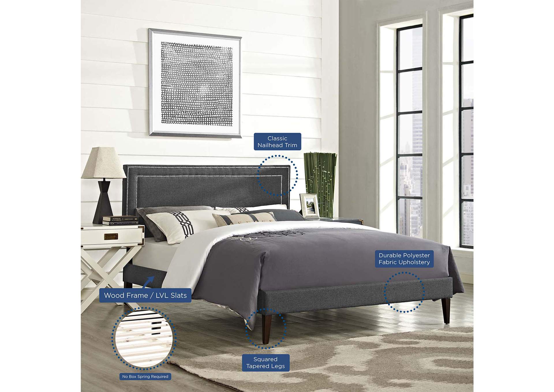 Gray Virginia Platform Full Bed - Fabric with Squared Tapered Legs,Modway