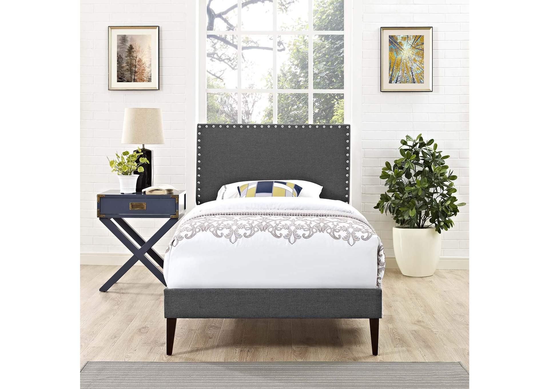 Gray Macie Platform Twin Bed - Fabric with Squared Tapered Legs,Modway