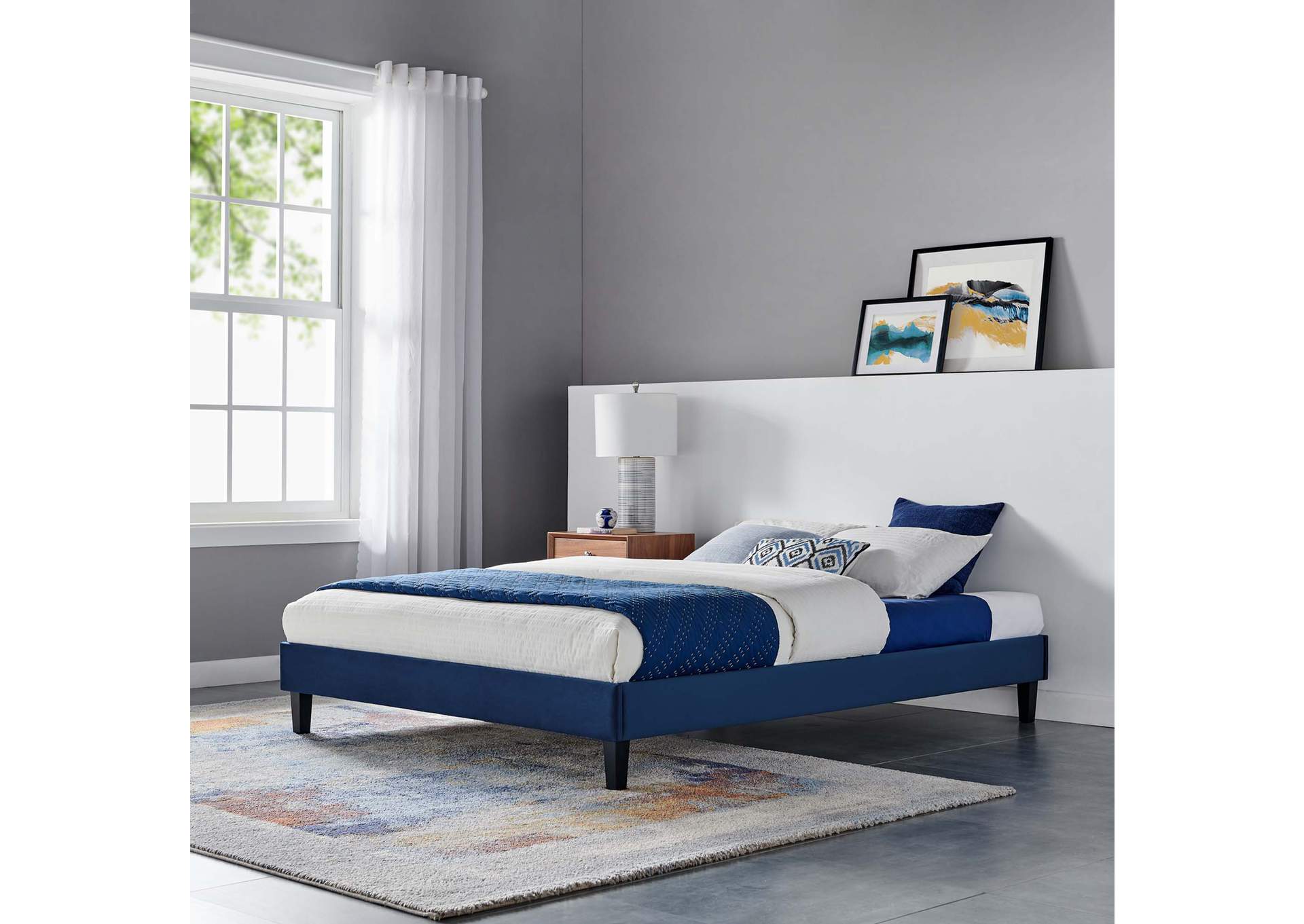 Navy Reign Twin Performance Velvet Platform Bed Frame,Modway