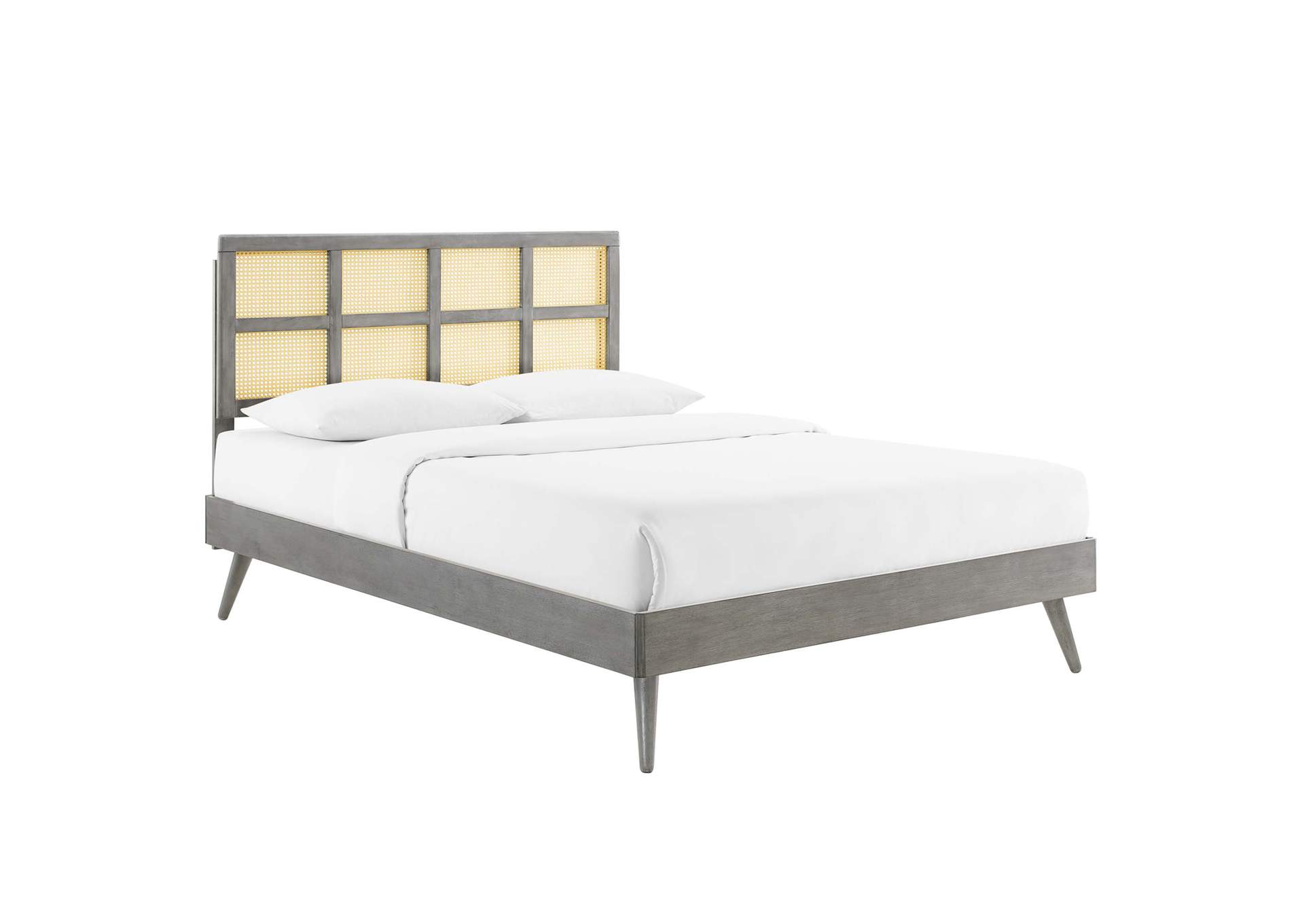 Gray Sidney Cane and Wood Full Platform Bed With Splayed Legs,Modway