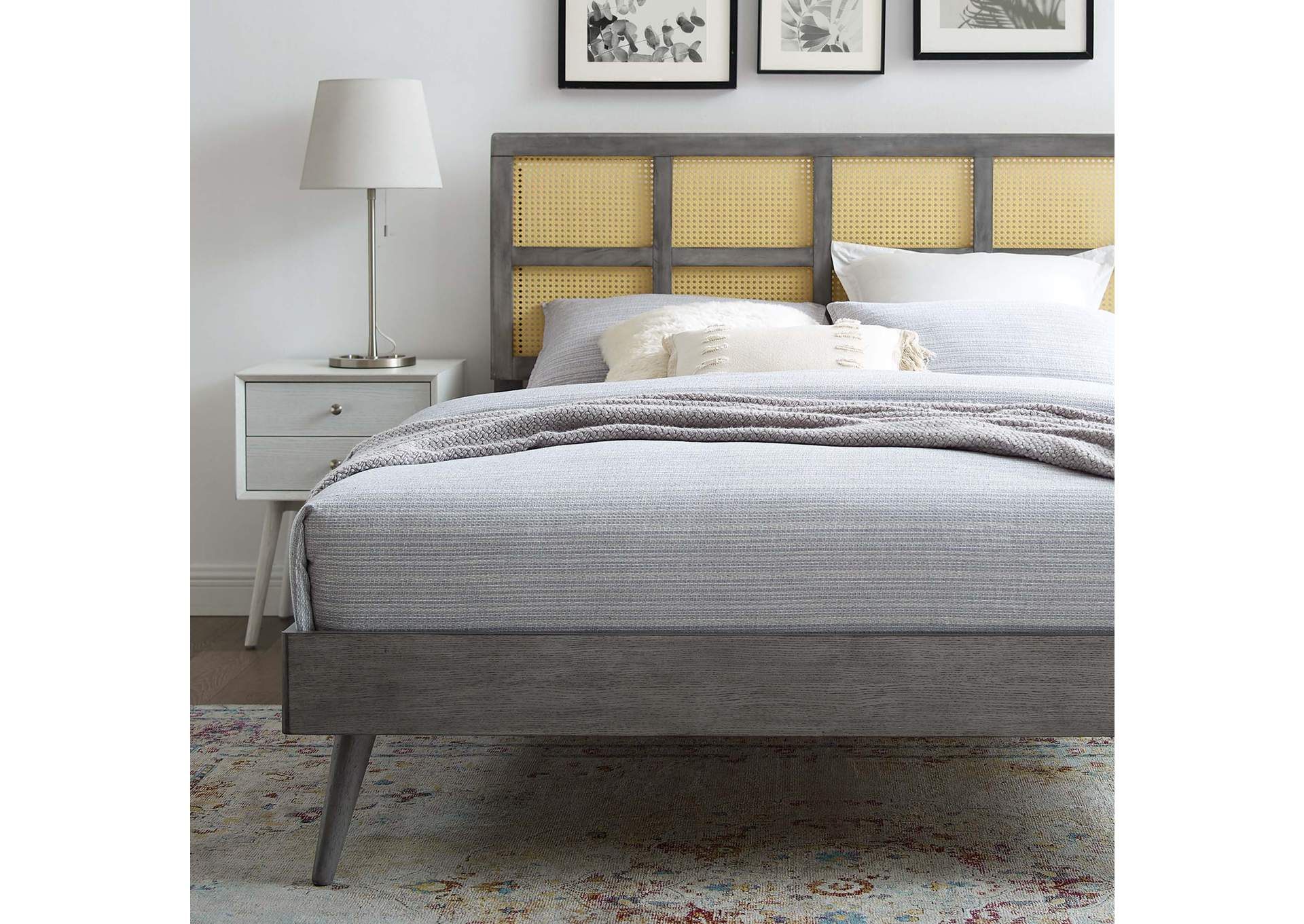 Gray Sidney Cane and Wood Full Platform Bed With Splayed Legs,Modway