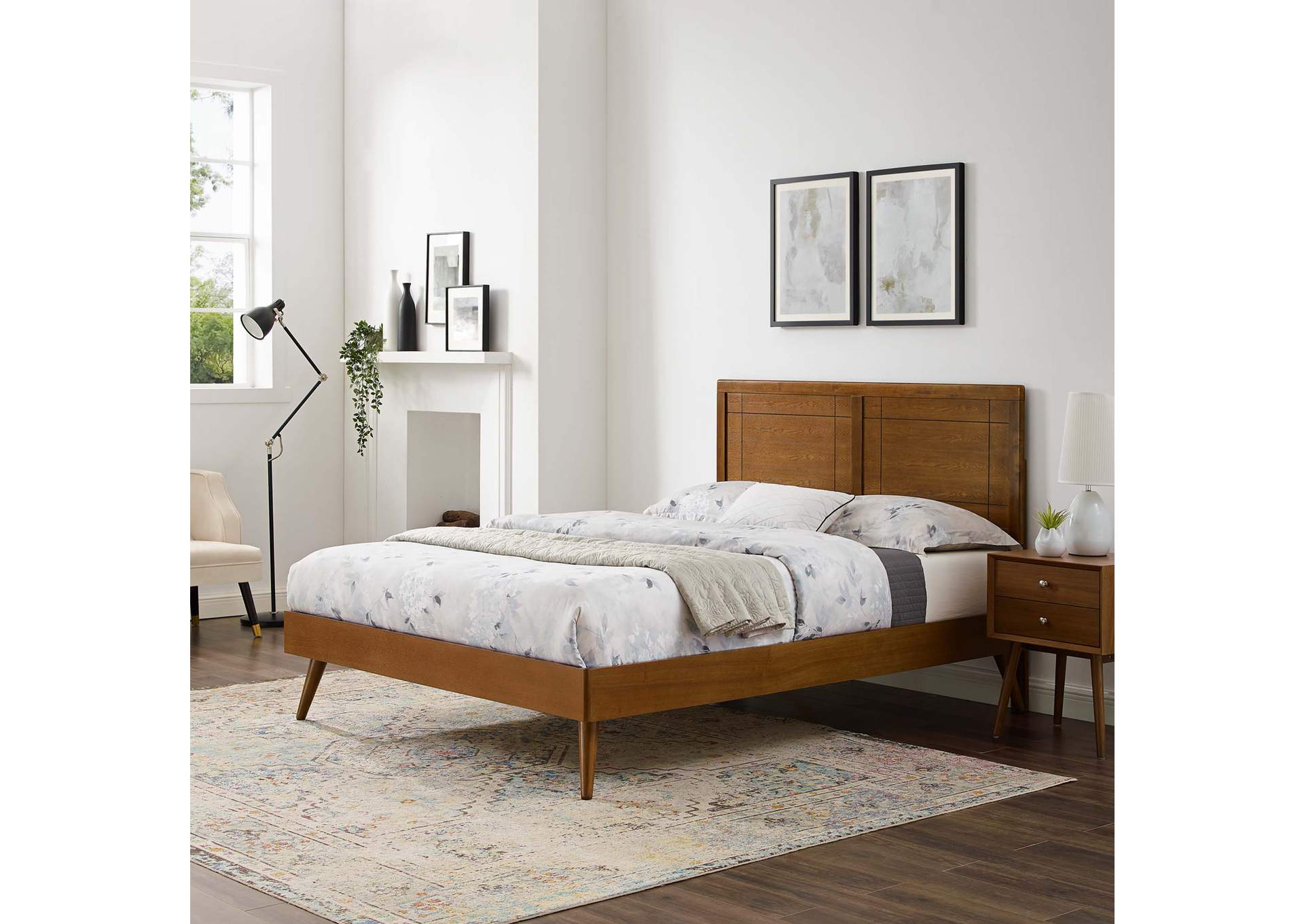 Walnut Marlee Full Wood Platform Bed With Splayed Legs,Modway