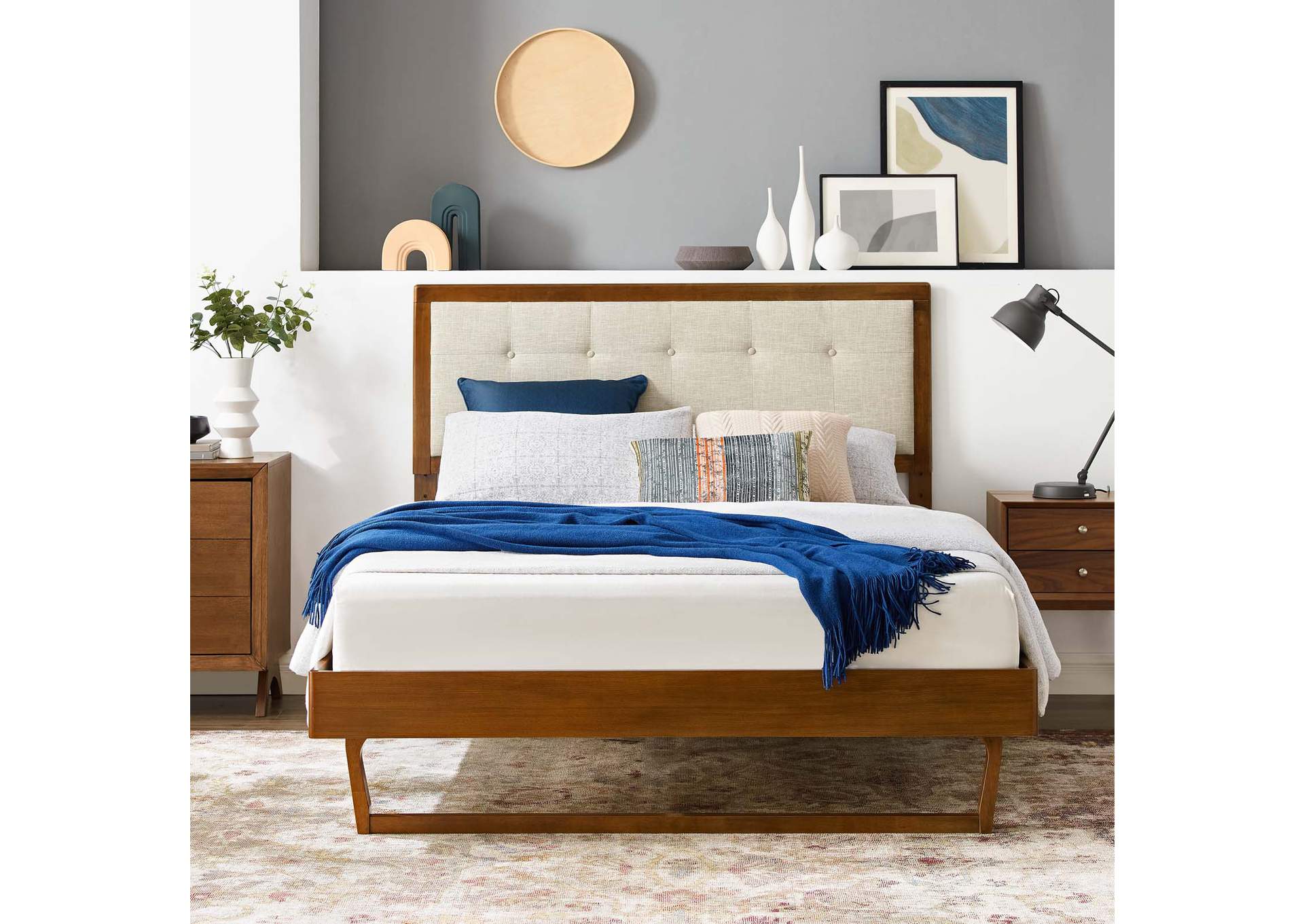 Walnut Beige Willow Twin Wood Platform Bed With Angular Frame,Modway