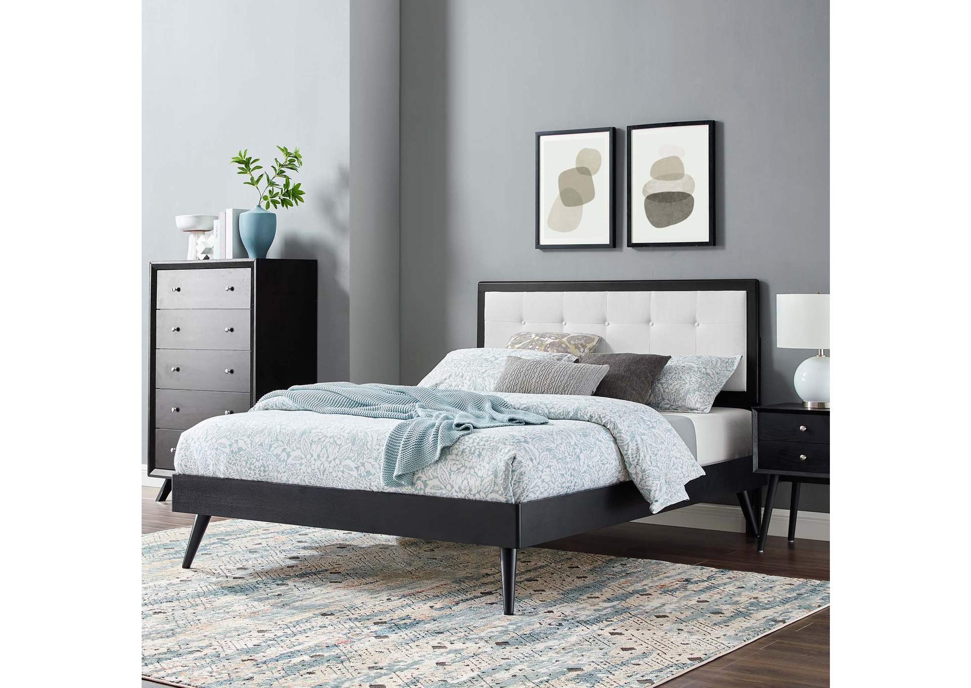 Black White Willow Full Wood Platform Bed With Splayed Legs,Modway