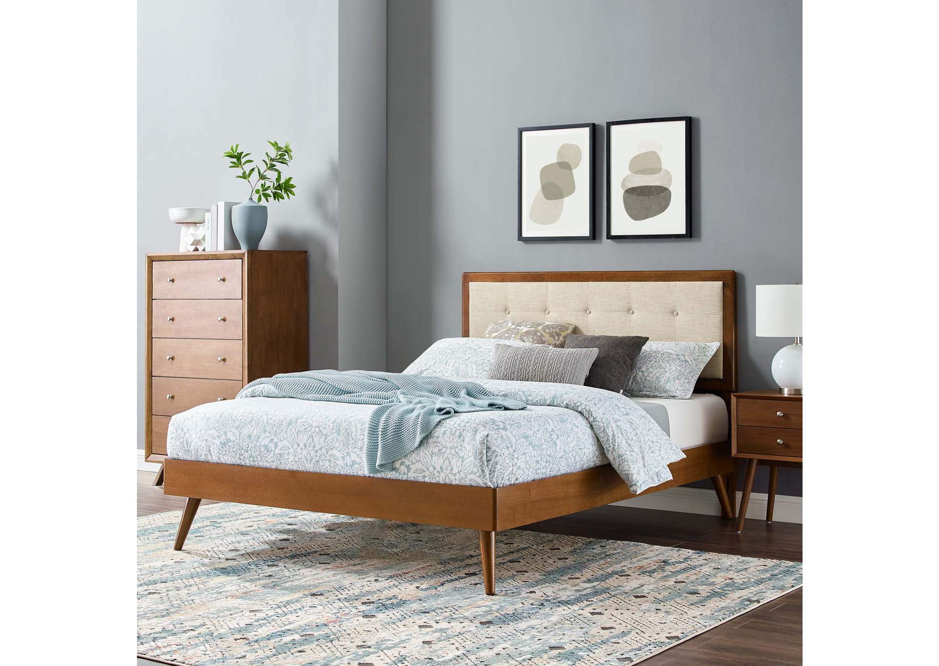 Walnut Beige Willow Full Wood Platform Bed With Splayed Legs,Modway