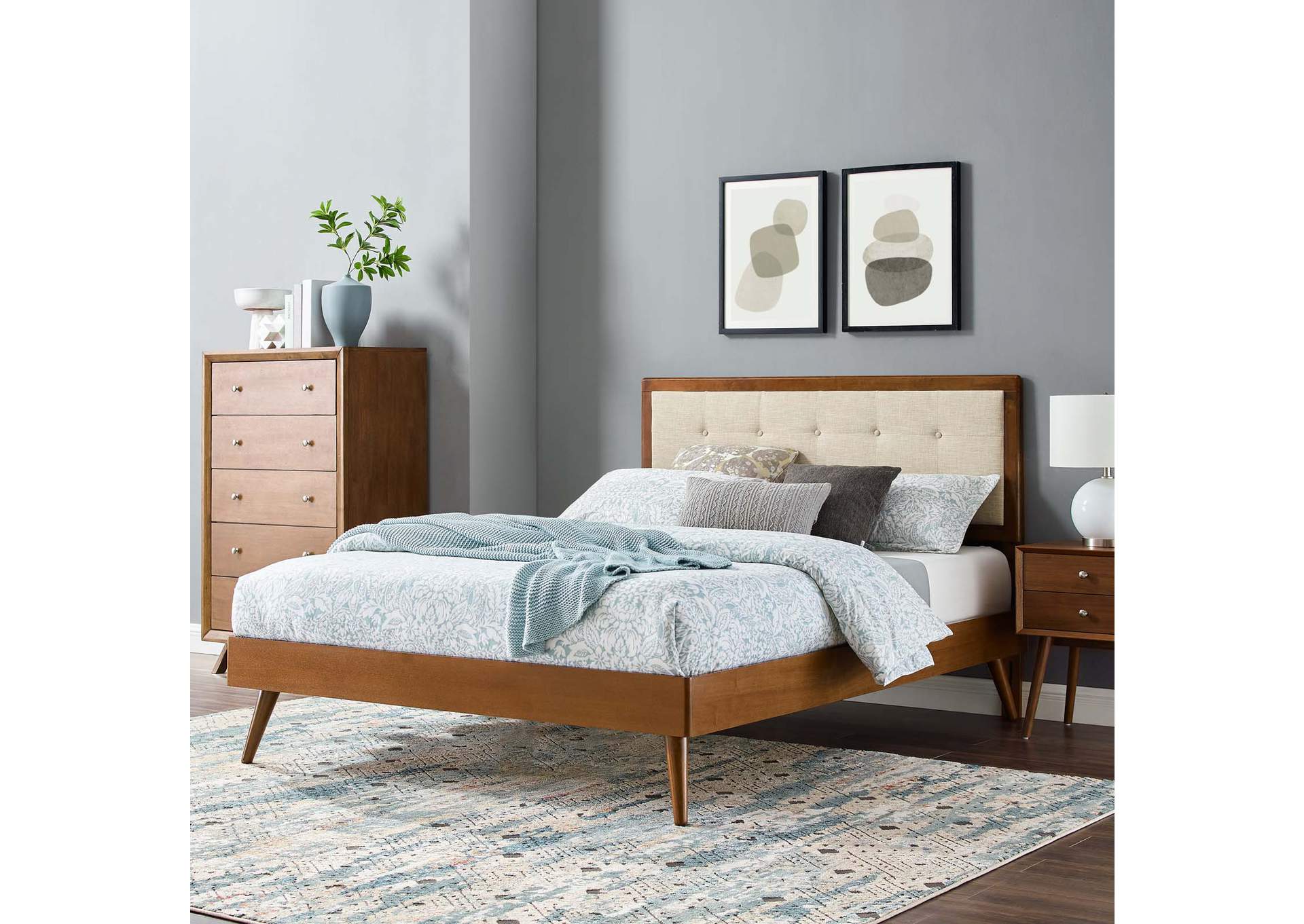 Walnut Beige Willow Twin Wood Platform Bed With Splayed Legs,Modway