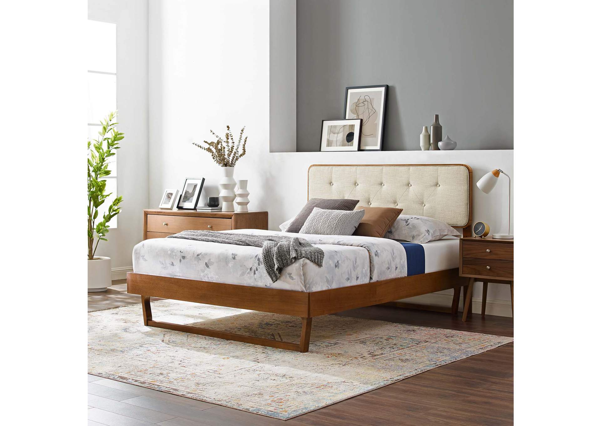 Walnut Beige Bridgette Full Wood Platform Bed With Angular Frame,Modway