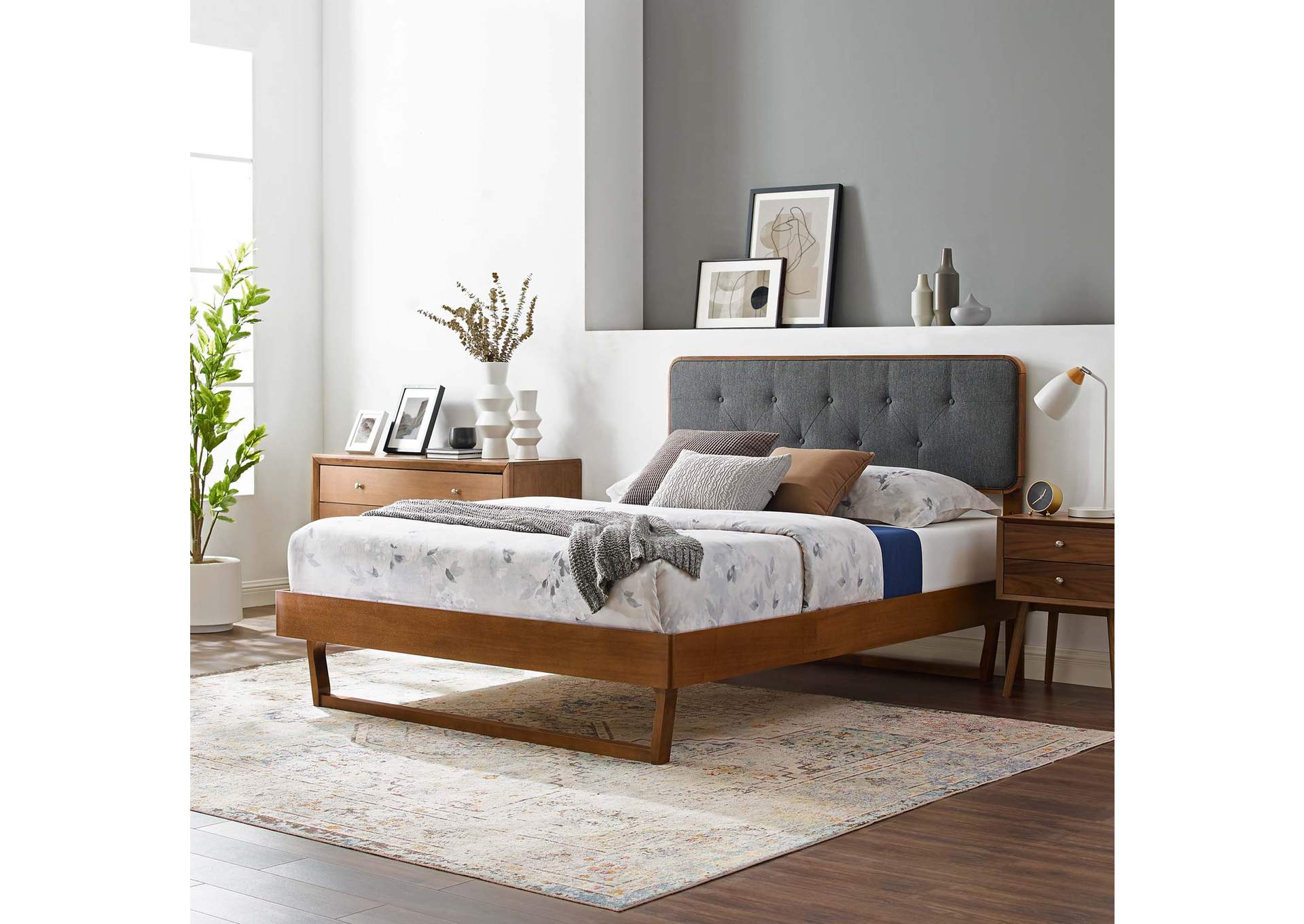 Walnut Charcoal Bridgette Full Wood Platform Bed With Angular Frame,Modway