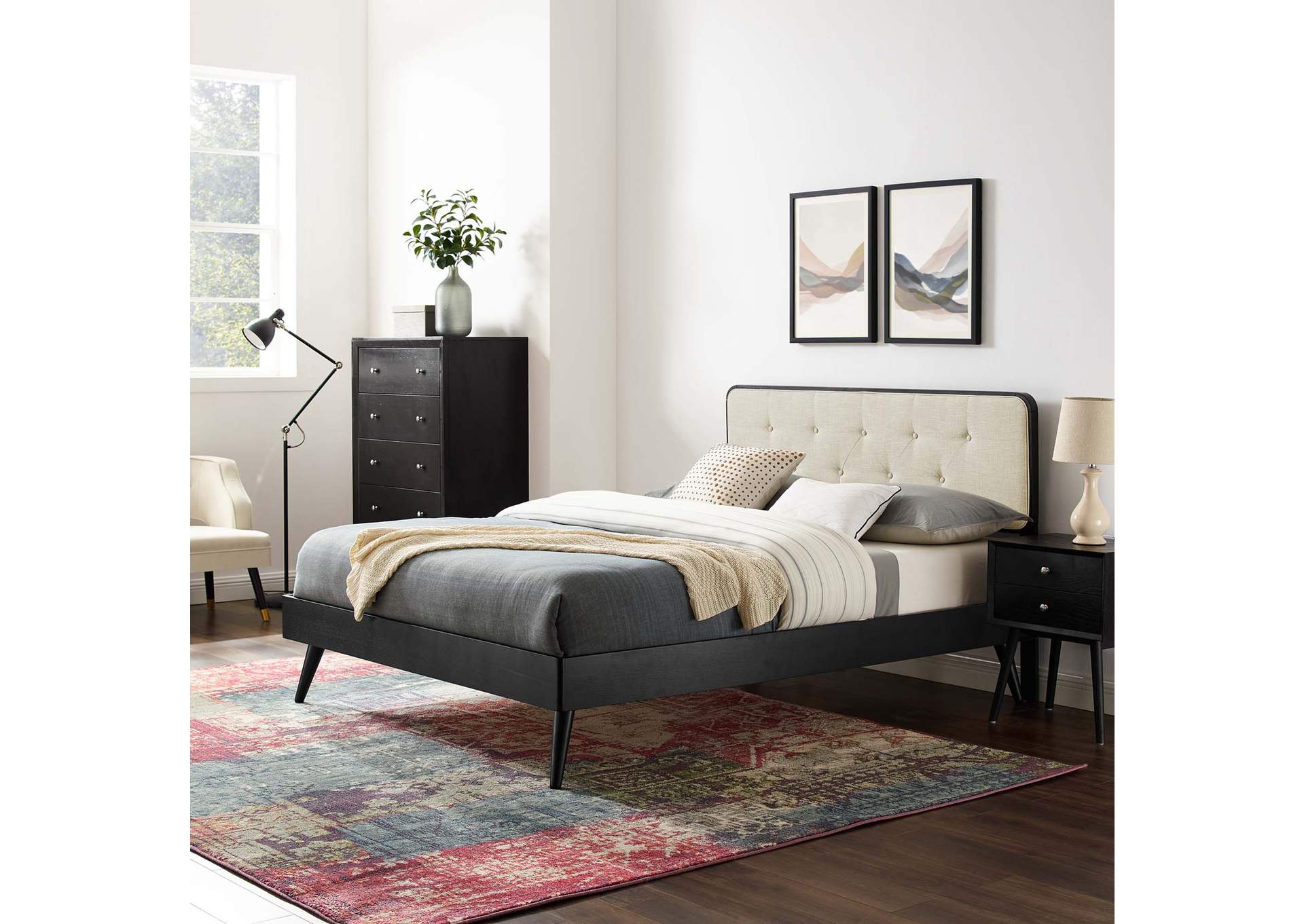 Black Beige Bridgette Full Wood Platform Bed With Splayed Legs,Modway