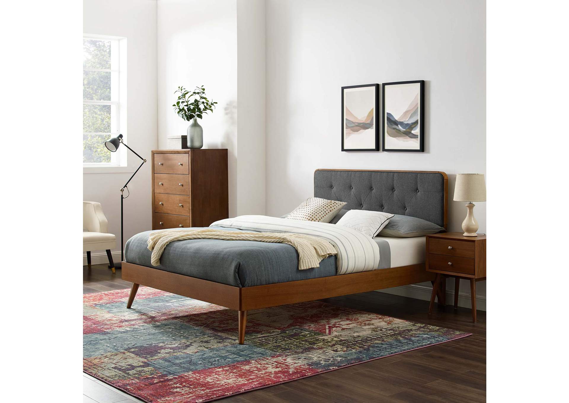 Walnut Charcoal Bridgette Full Wood Platform Bed With Splayed Legs,Modway