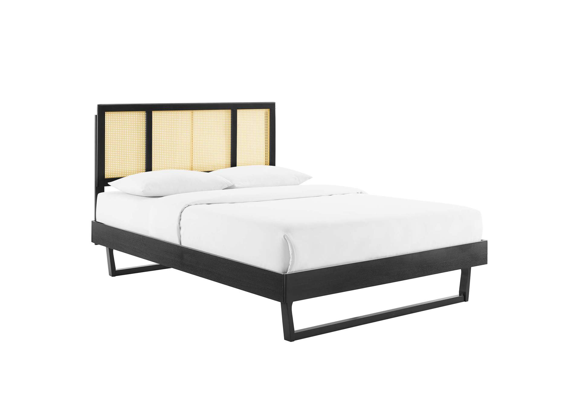 Black Kelsea Cane and Wood Full Platform Bed With Angular Legs,Modway