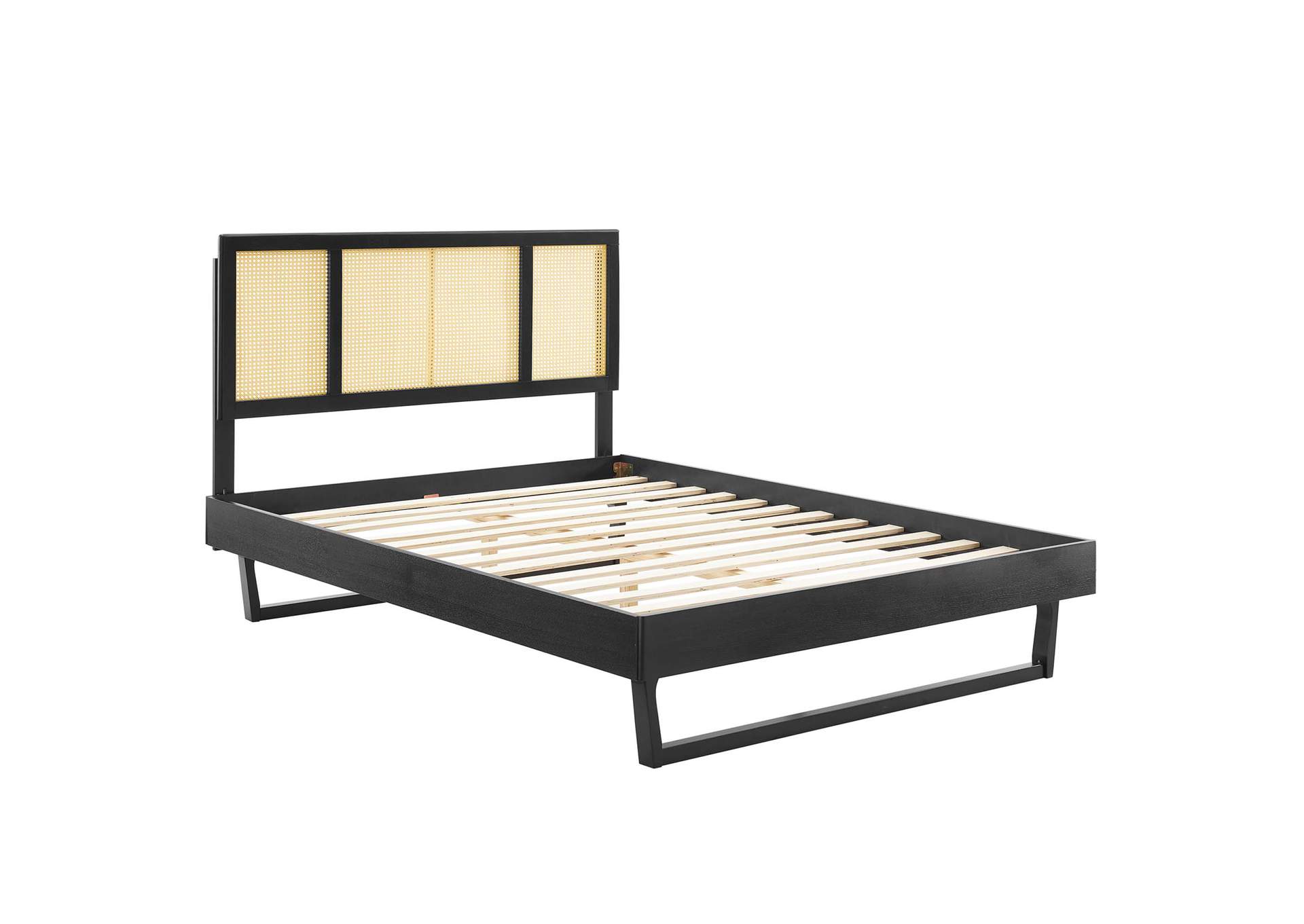 Black Kelsea Cane and Wood Full Platform Bed With Angular Legs,Modway