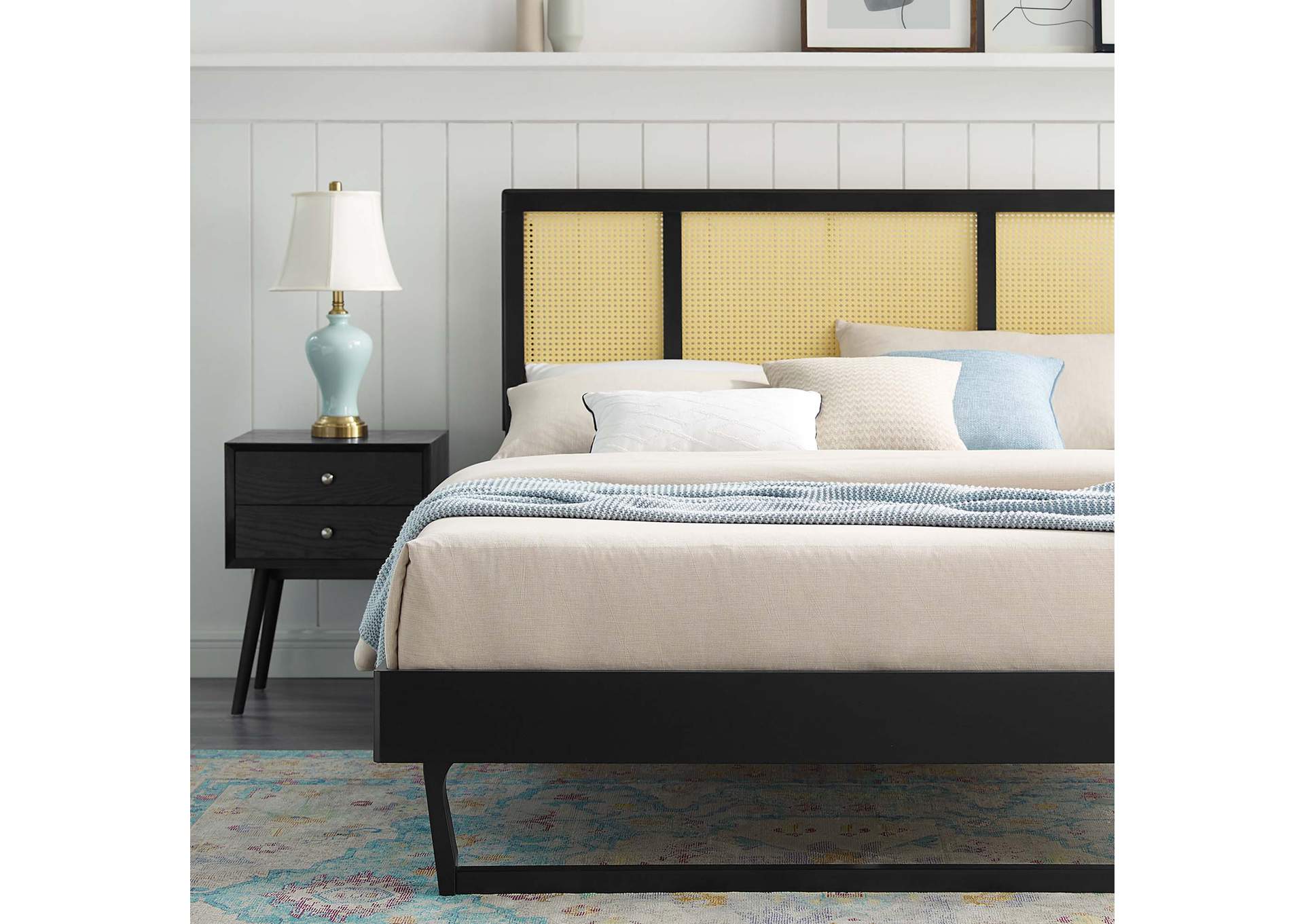 Black Kelsea Cane and Wood Full Platform Bed With Angular Legs,Modway