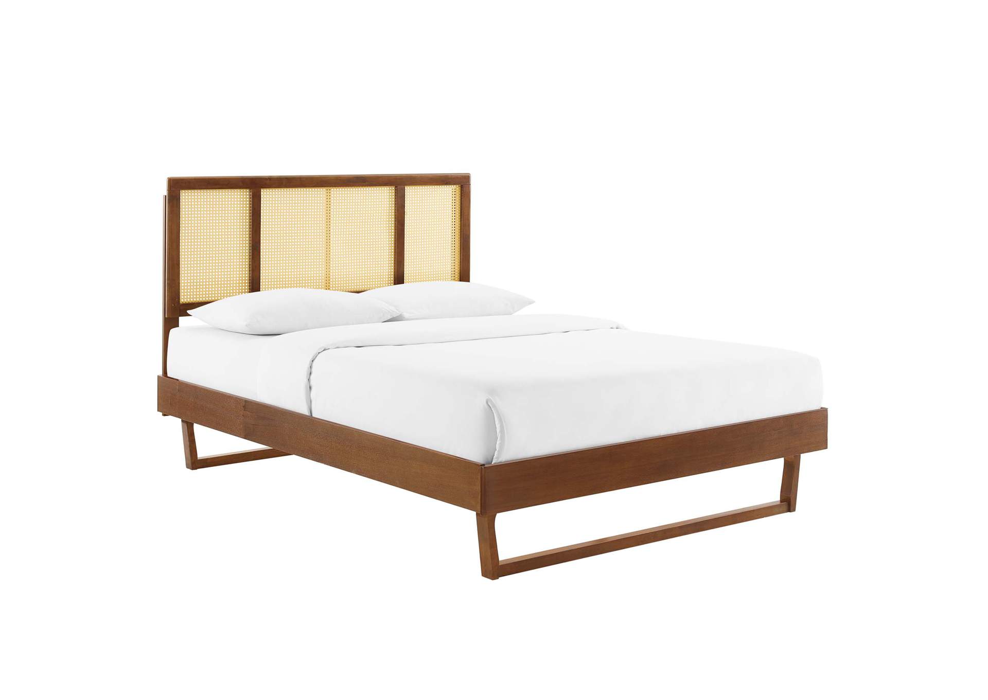 Walnut Kelsea Cane and Wood Full Platform Bed With Angular Legs,Modway