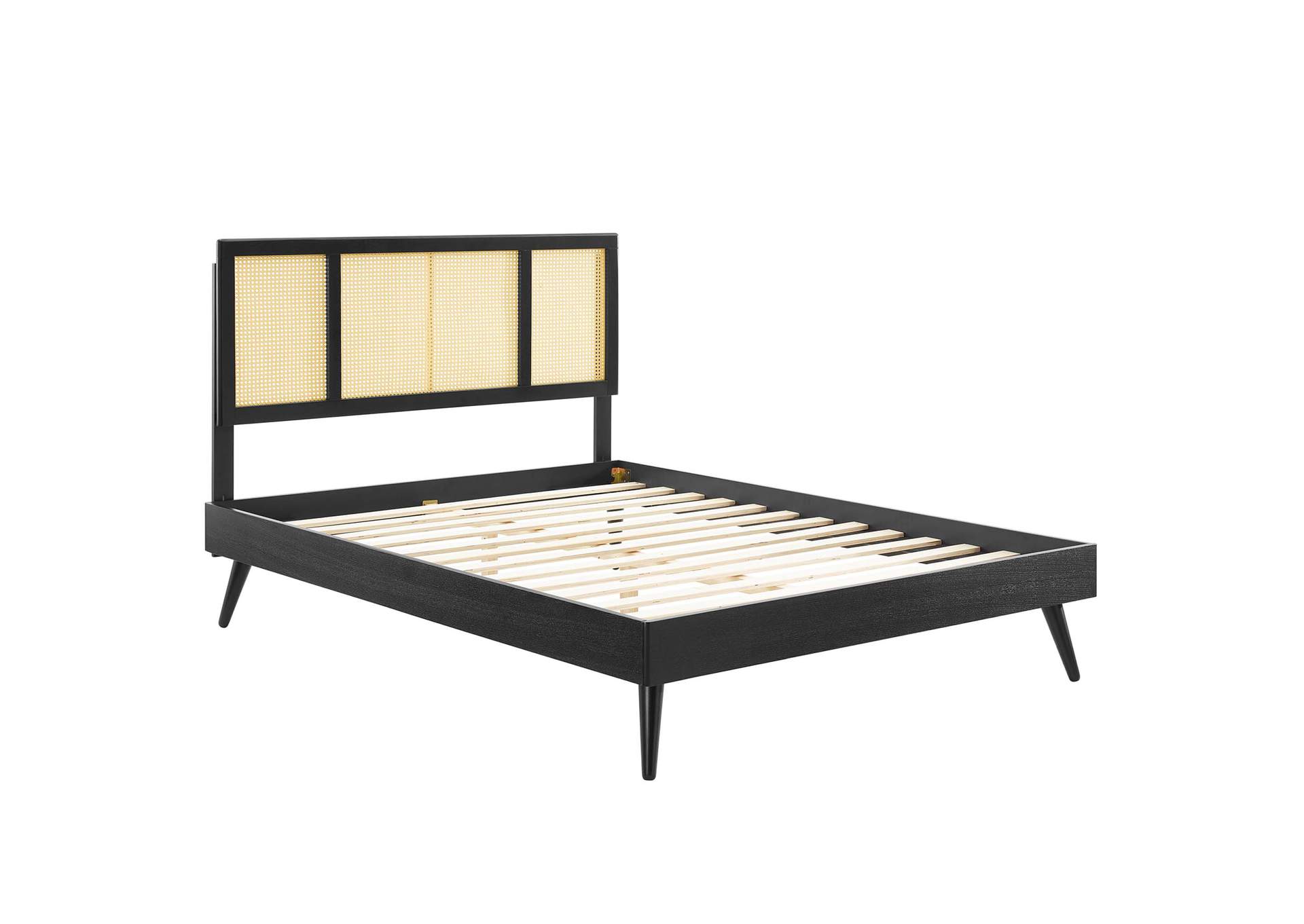 Black Kelsea Cane and Wood Full Platform Bed With Splayed Legs,Modway