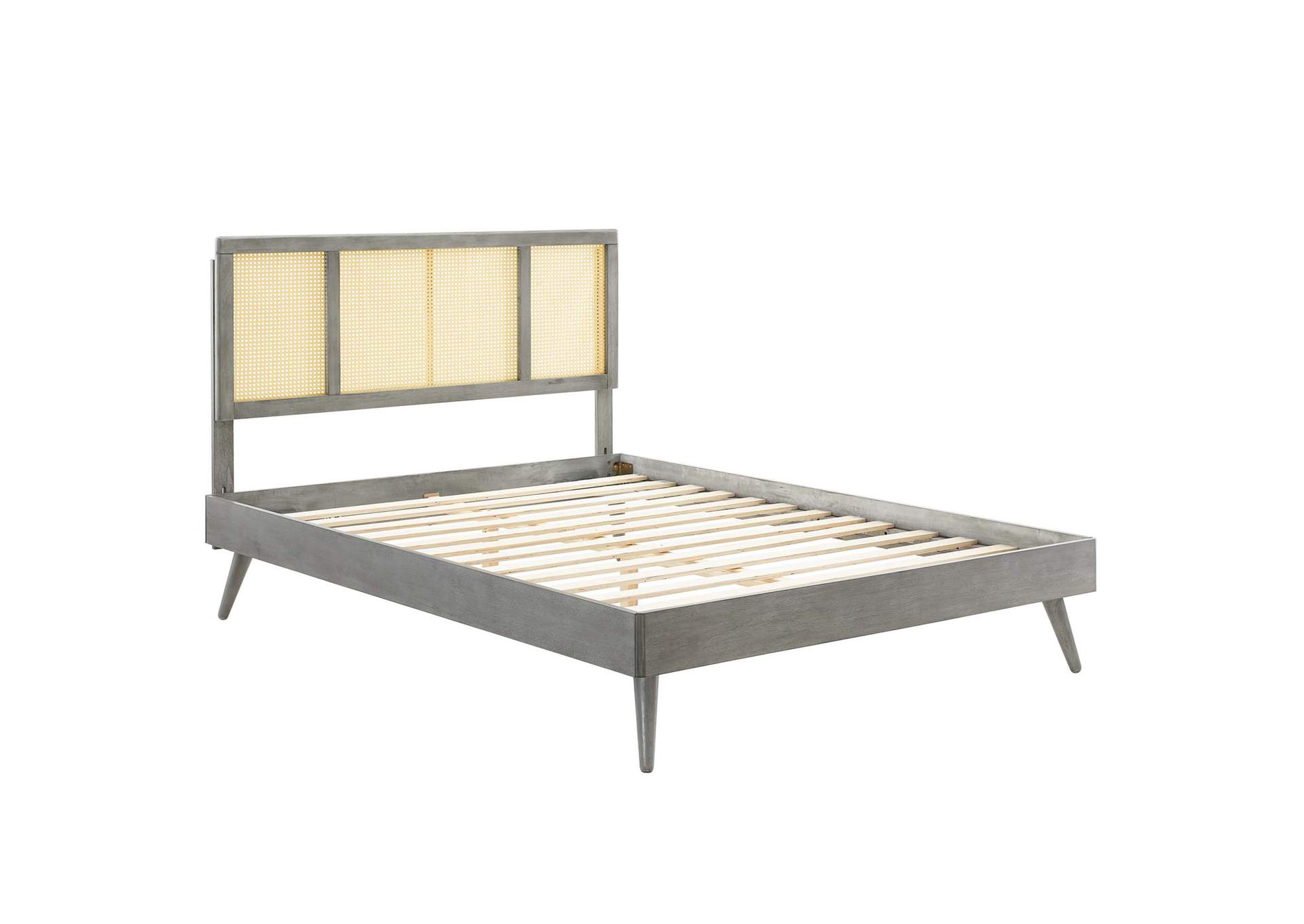 Gray Kelsea Cane and Wood Full Platform Bed With Splayed Legs,Modway