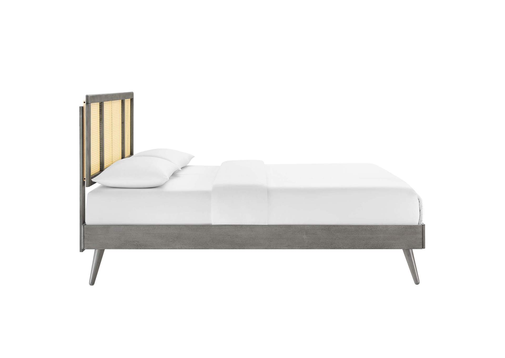 Gray Kelsea Cane and Wood Full Platform Bed With Splayed Legs,Modway