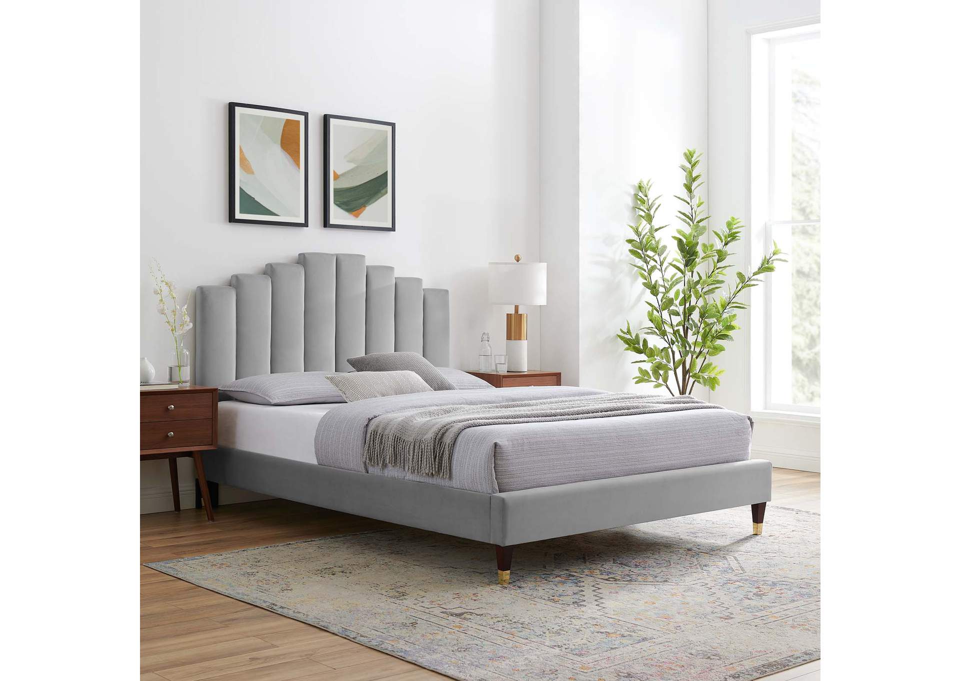 Light Gray Elise Twin Performance Velvet Platform Bed,Modway