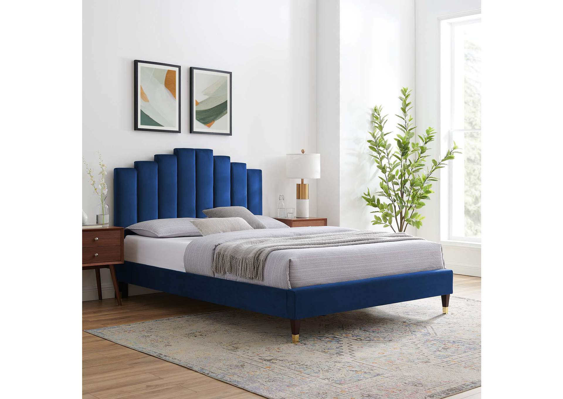 Navy Elise Twin Performance Velvet Platform Bed,Modway