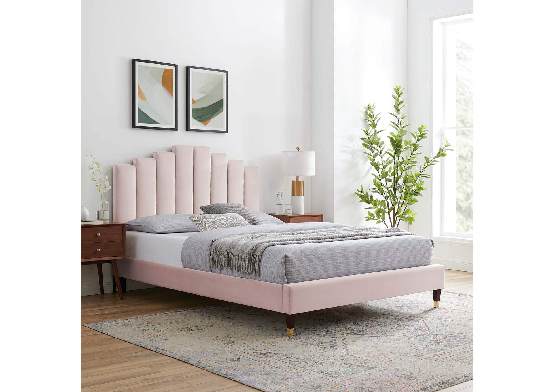 Pink Elise Full Performance Velvet Platform Bed,Modway