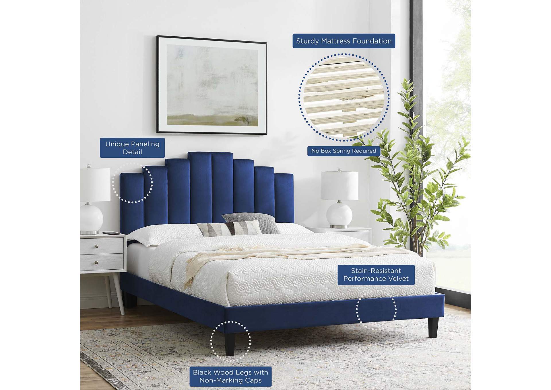 Navy Elise Twin Performance Velvet Platform Bed,Modway