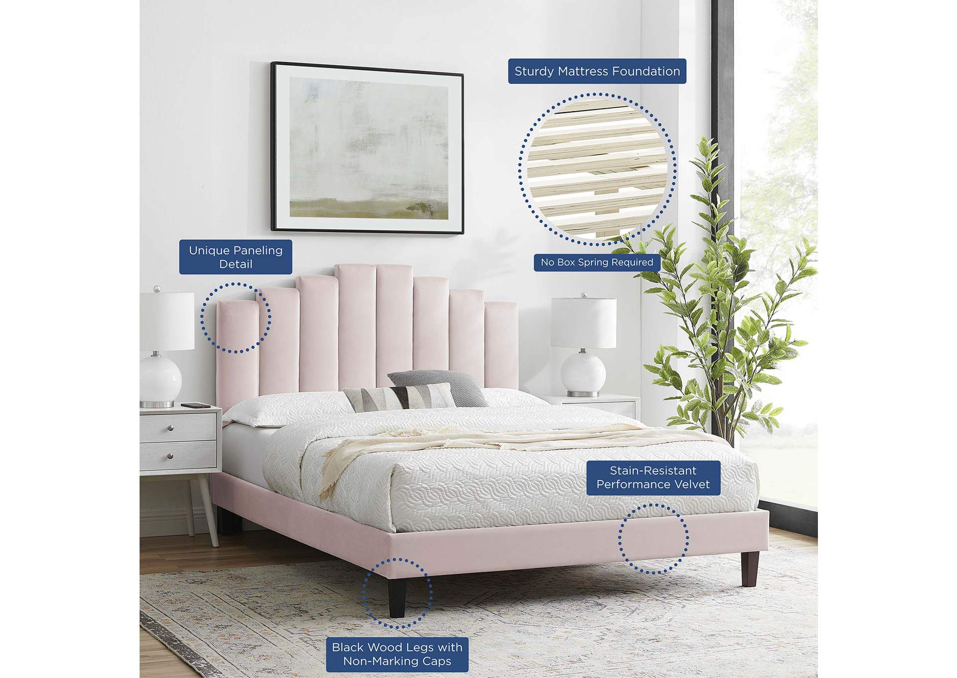 Pink Elise Full Performance Velvet Platform Bed,Modway