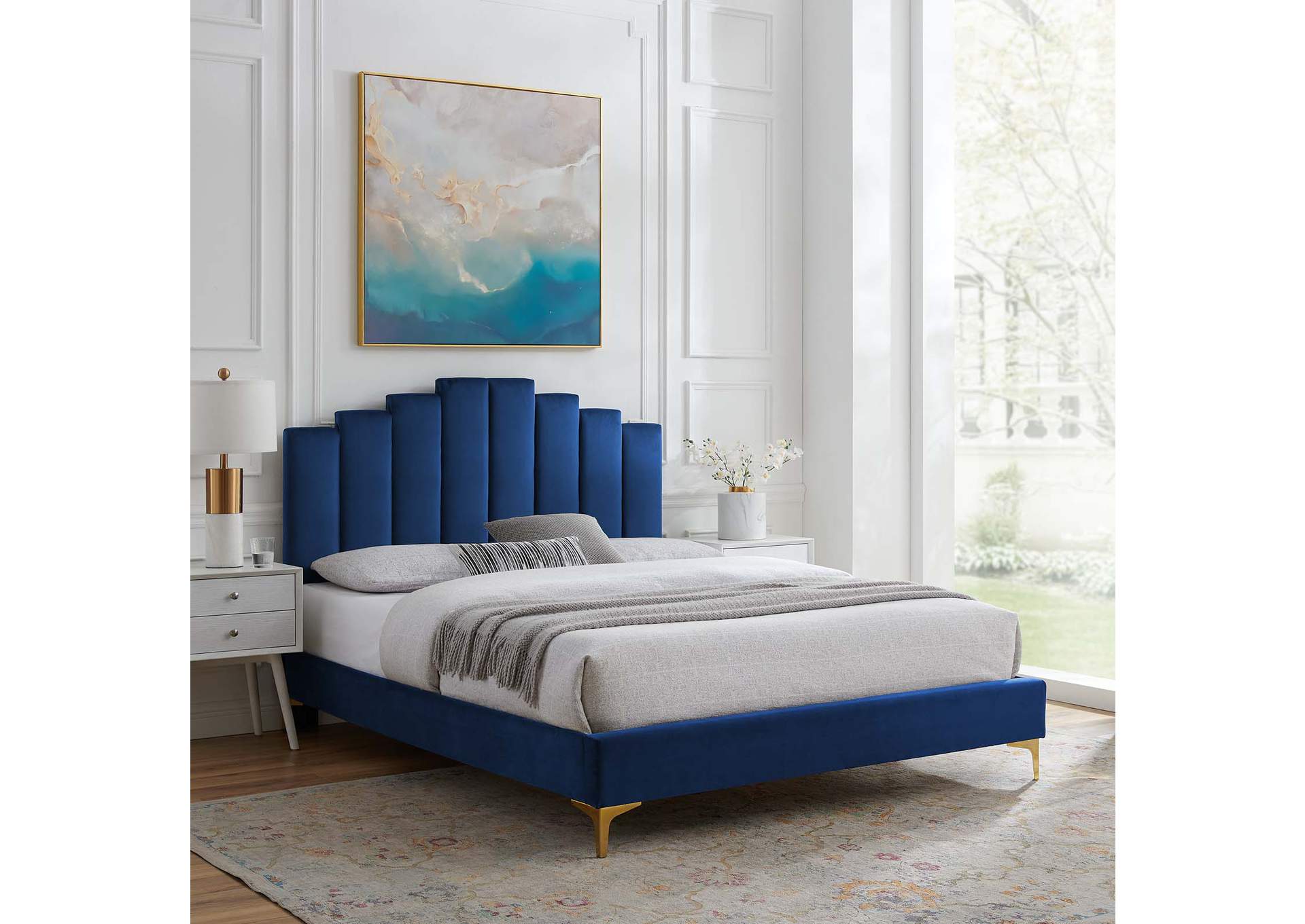 Navy Elise Twin Performance Velvet Platform Bed,Modway