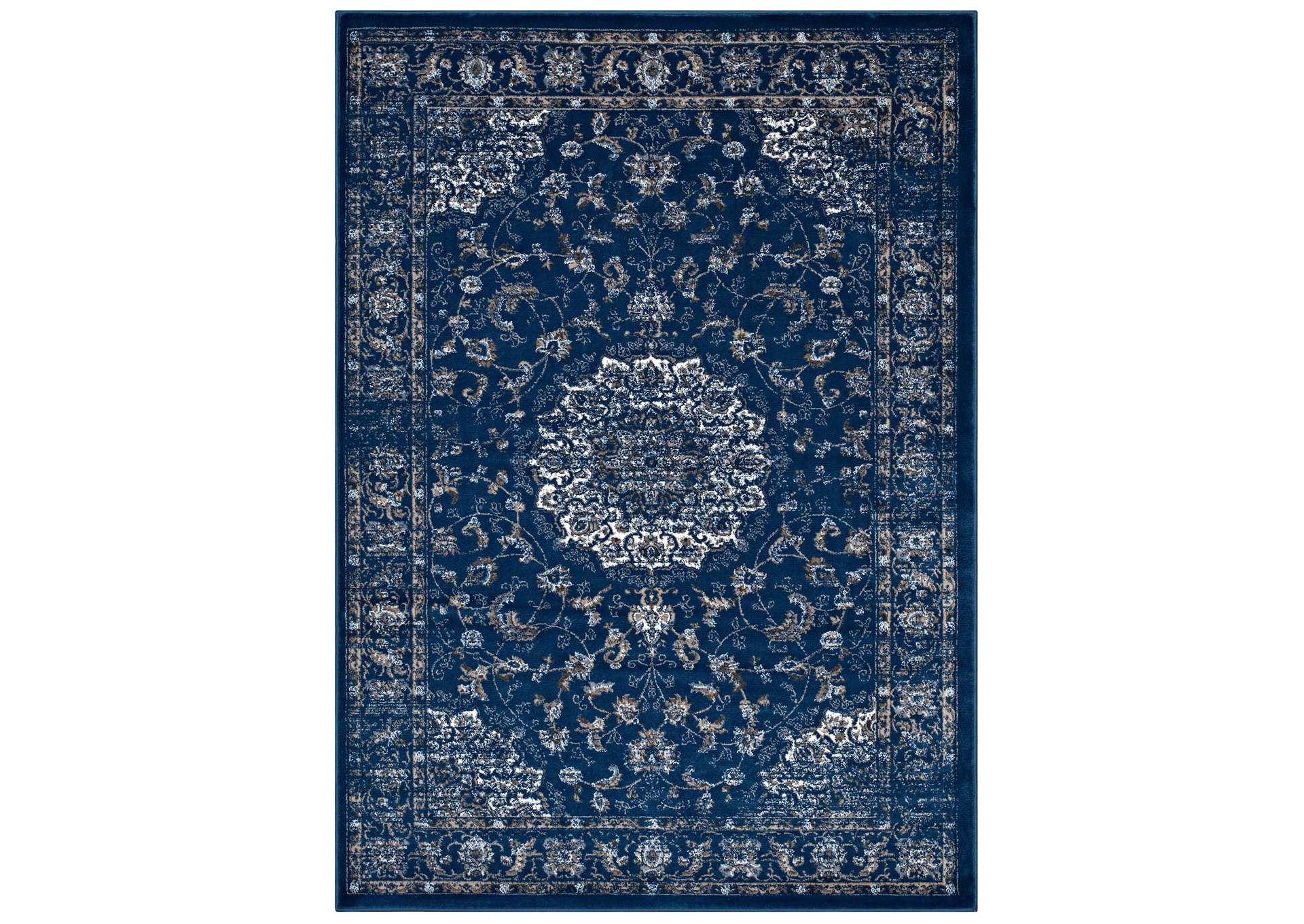 Lilja Moroccan Blue, Beige and Ivory Distressed Vintage Persian Medallion 5x8 Area Rug,Modway