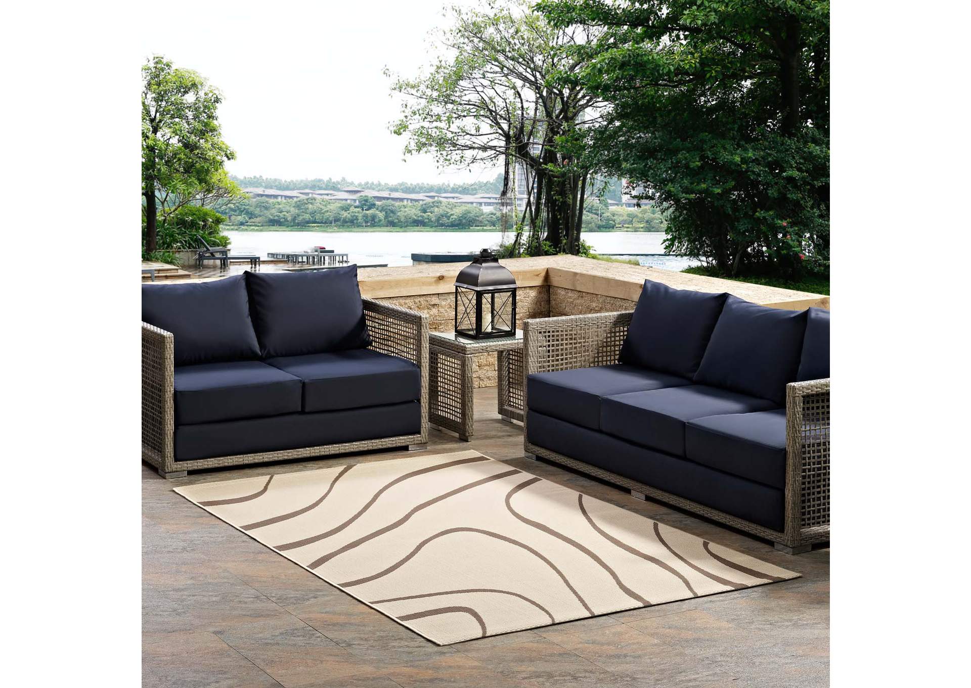 Light and Dark Beige Surge Swirl Abstract 8x10 Indoor and Outdoor Area Rug,Modway