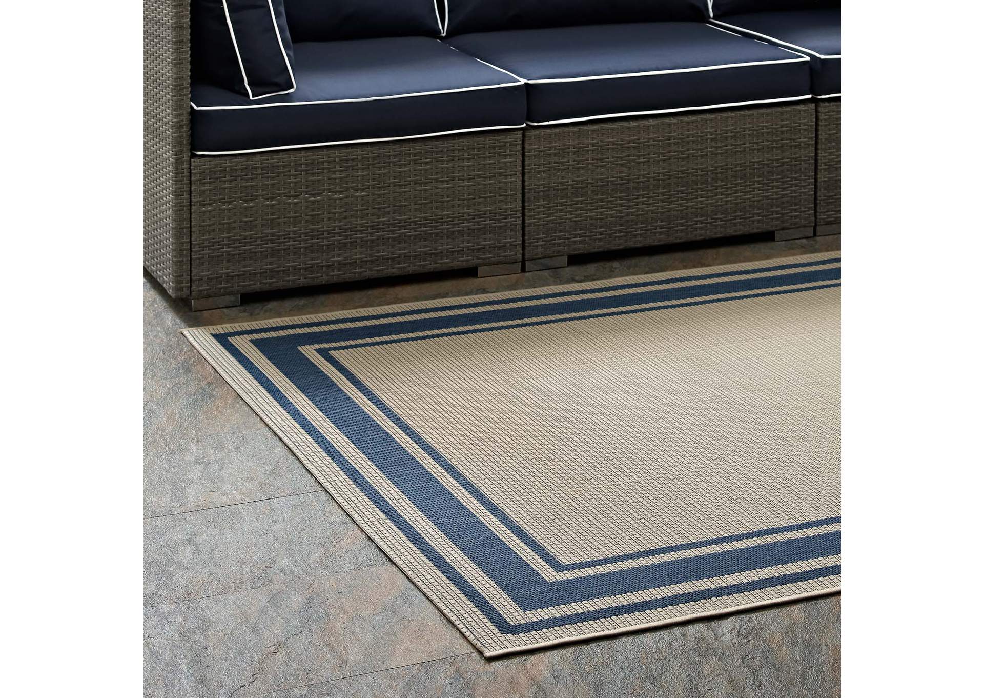 Blue and Beige Rim Solid Border 5x8 Indoor and Outdoor Area Rug,Modway