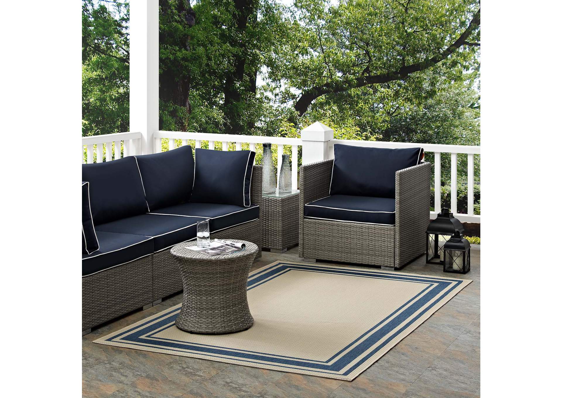 Blue and Beige Rim Solid Border 5x8 Indoor and Outdoor Area Rug,Modway