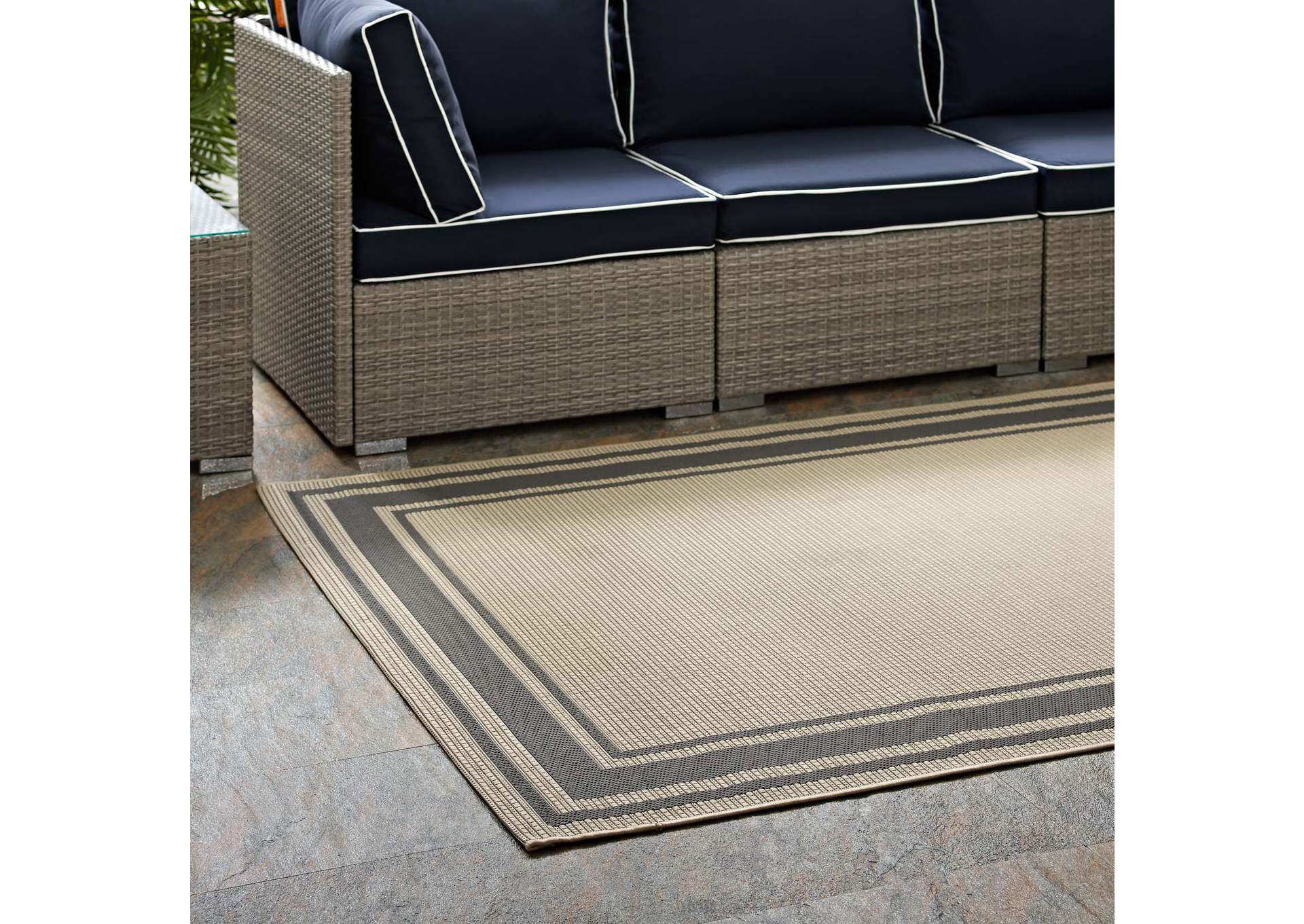 Gray and Beige Rim Solid Border 8x10 Indoor and Outdoor Area Rug,Modway