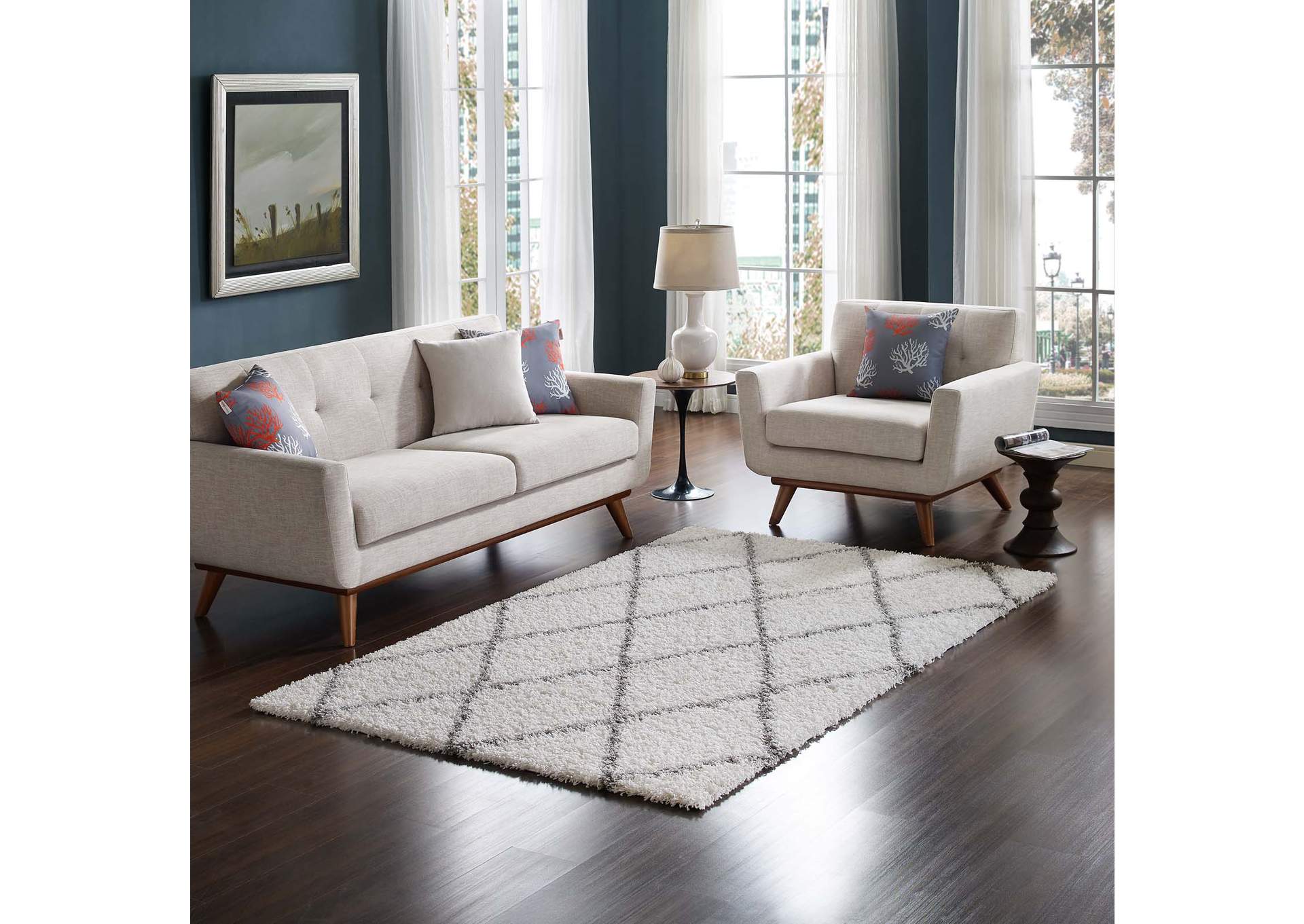 Ivory and Gray Toryn Diamond Lattice 5x8 Shag Area Rug,Modway