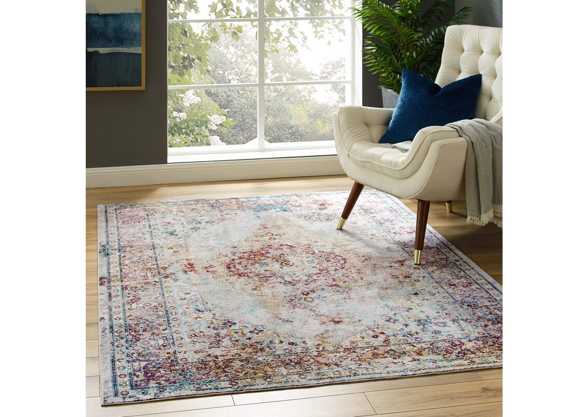 Multicolored Success Merritt Transitional Distressed Floral Persian Medallion  5x8 Area Rug,Modway