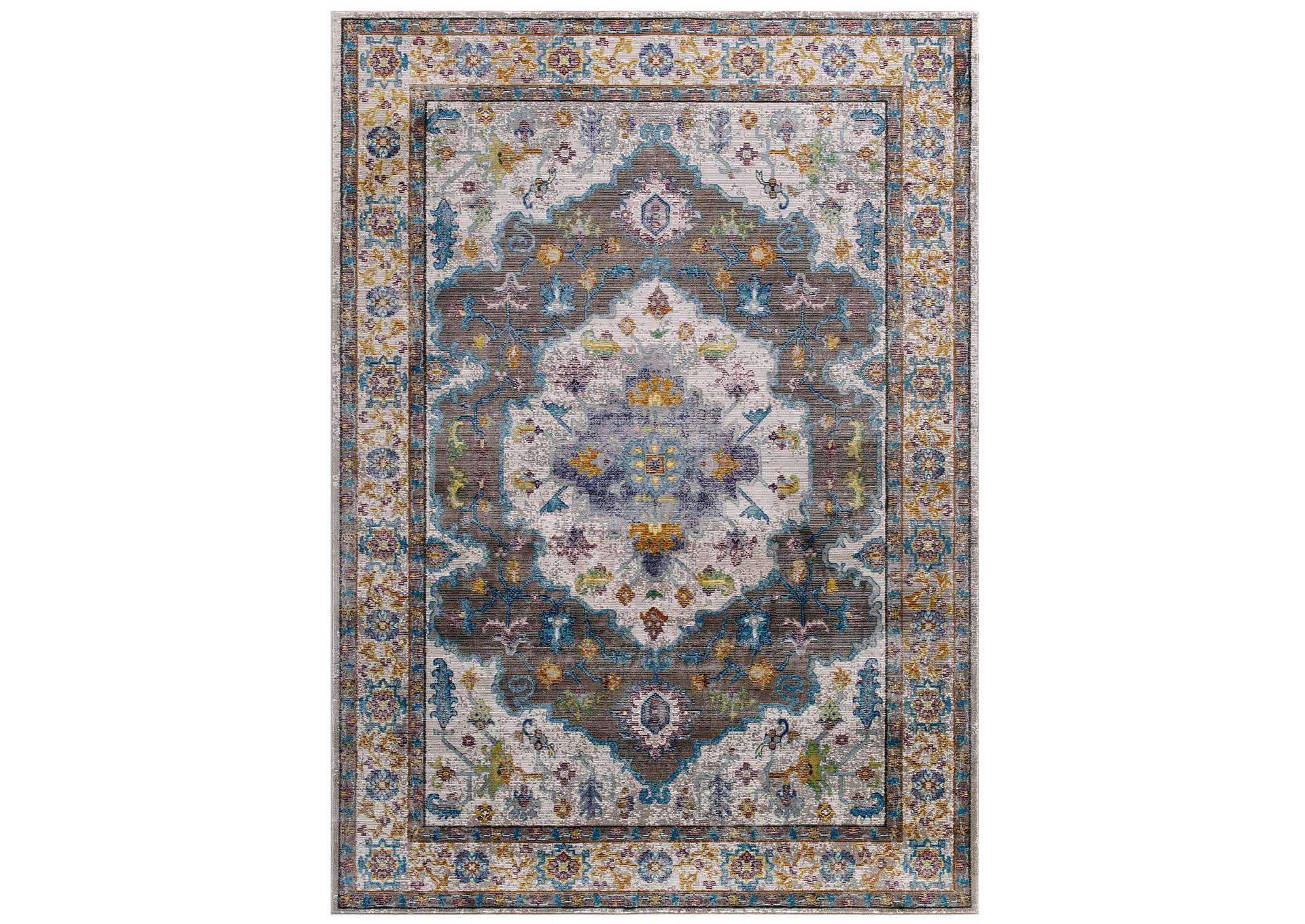 Gray, Ivory, Yellow, Orange Success Anisah Distressed Floral Persian Medallion 4x6 Area Rug,Modway