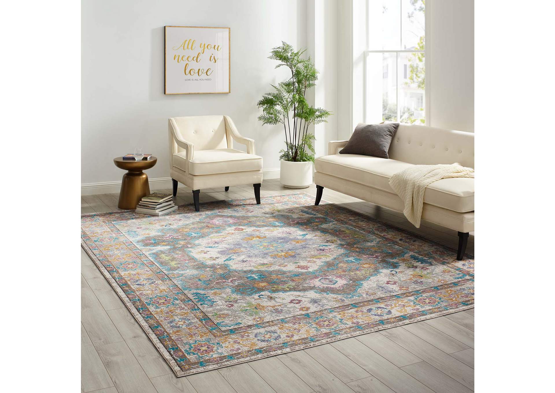 Gray, Ivory, Yellow, Orange Success Anisah Distressed Floral Persian Medallion 8x10 Area Rug,Modway