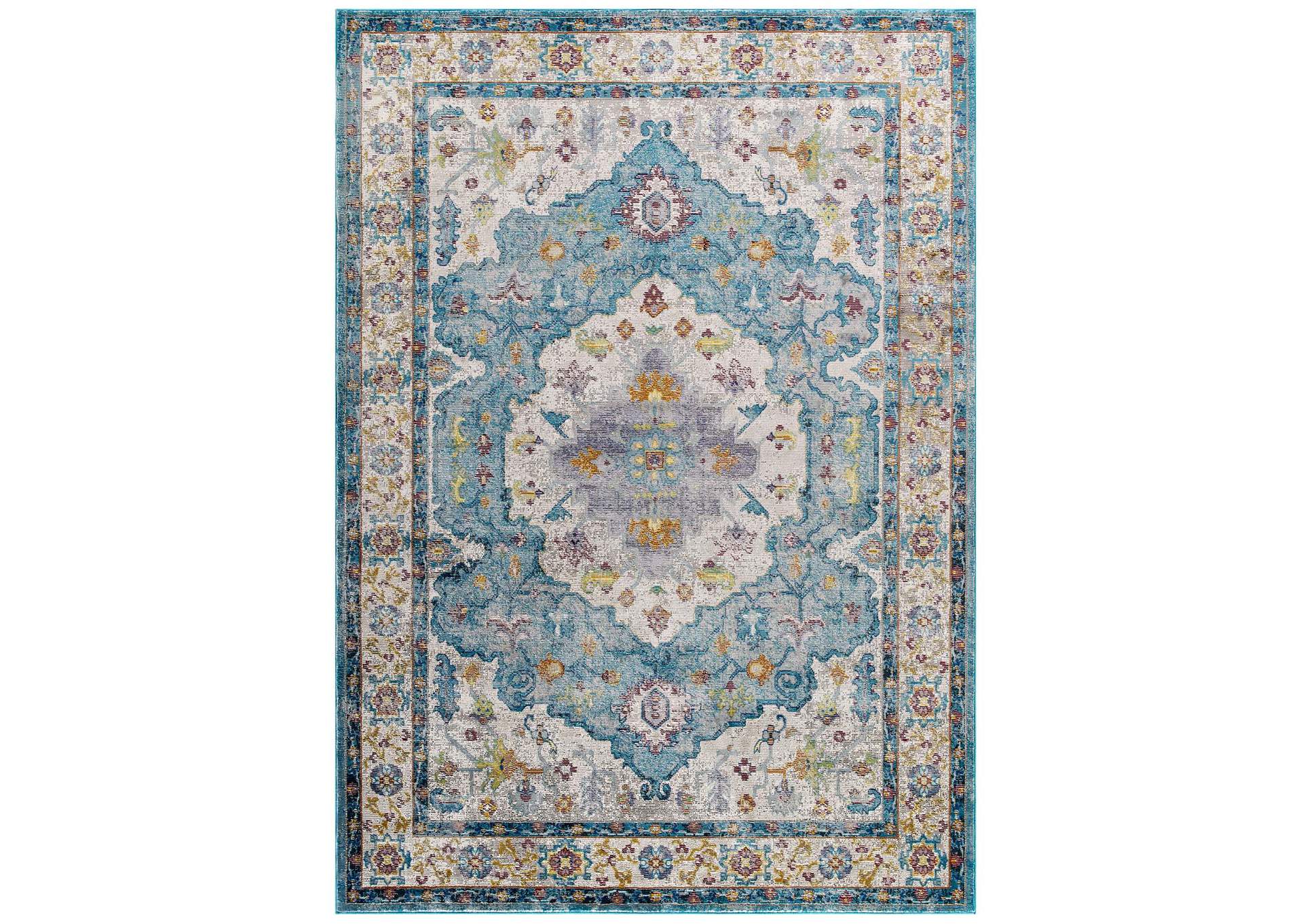 Light Blue, Ivory, Yellow, Orange Success Anisah Distressed Floral Persian Medallion 4x6 Area Rug,Modway