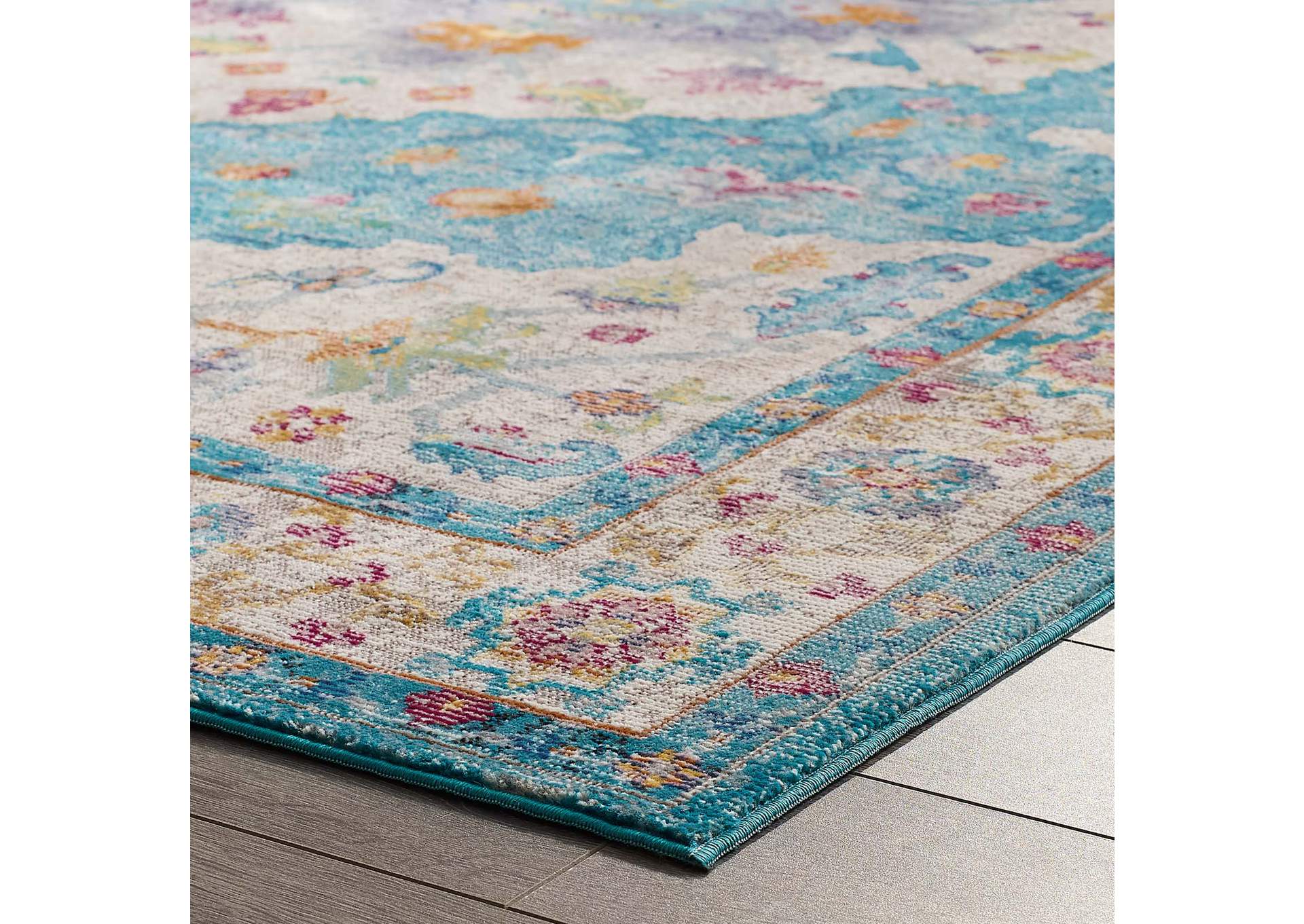 Light Blue, Ivory, Yellow, Orange Success Anisah Distressed Floral Persian Medallion 4x6 Area Rug,Modway