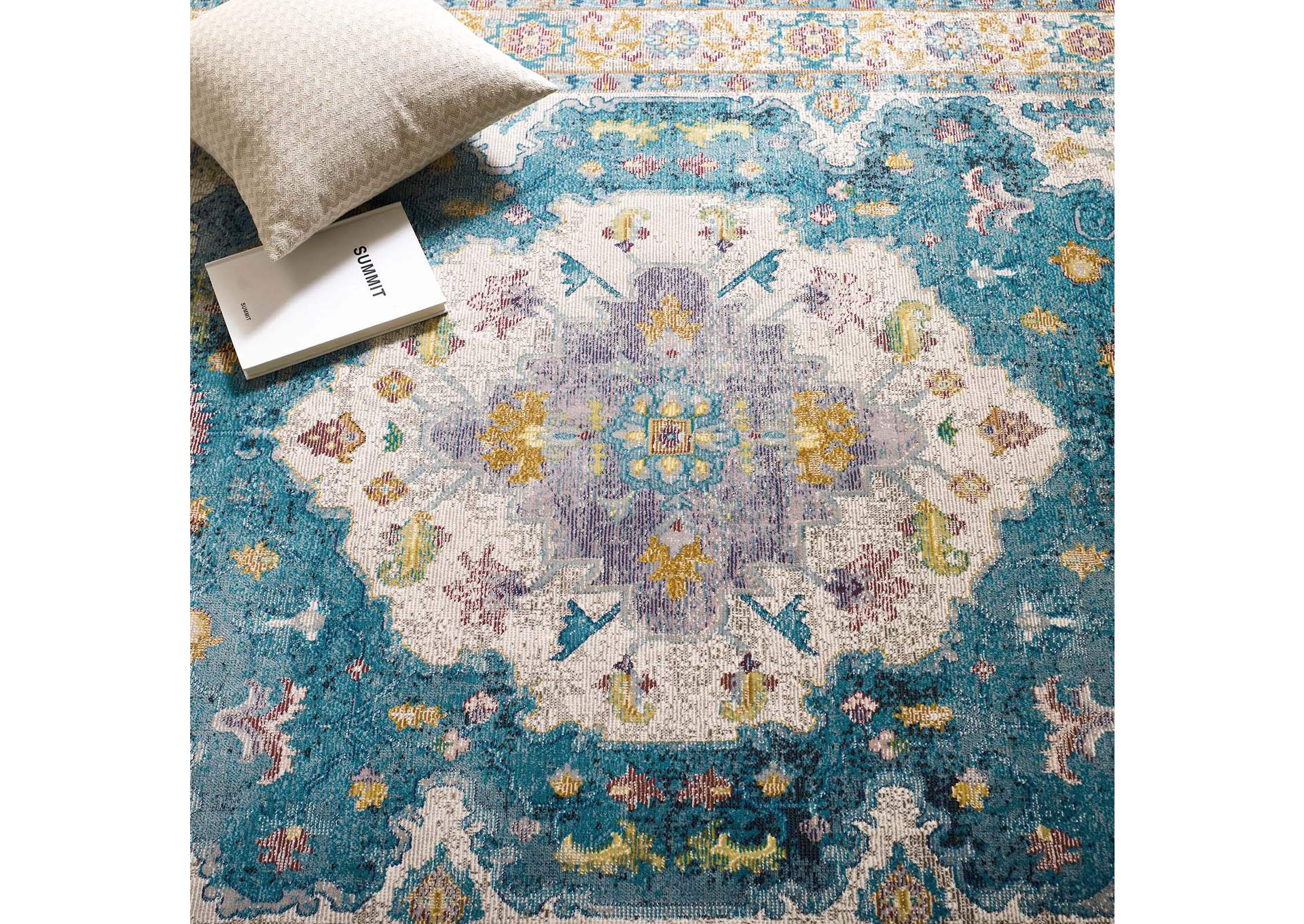 Light Blue, Ivory, Yellow, Orange Success Anisah Distressed Floral Persian Medallion 4x6 Area Rug,Modway