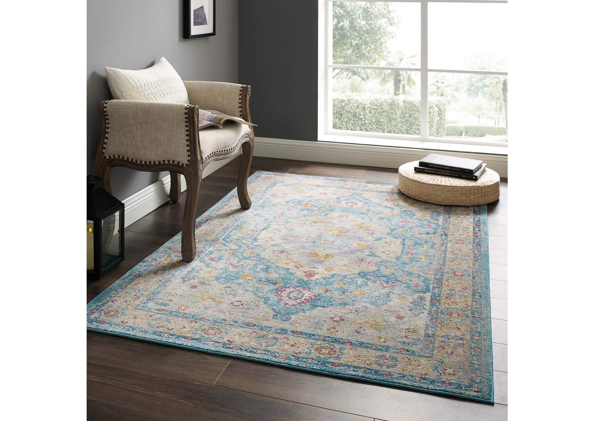 Light Blue, Ivory, Yellow, Orange Success Anisah Distressed Floral Persian Medallion 4x6 Area Rug,Modway