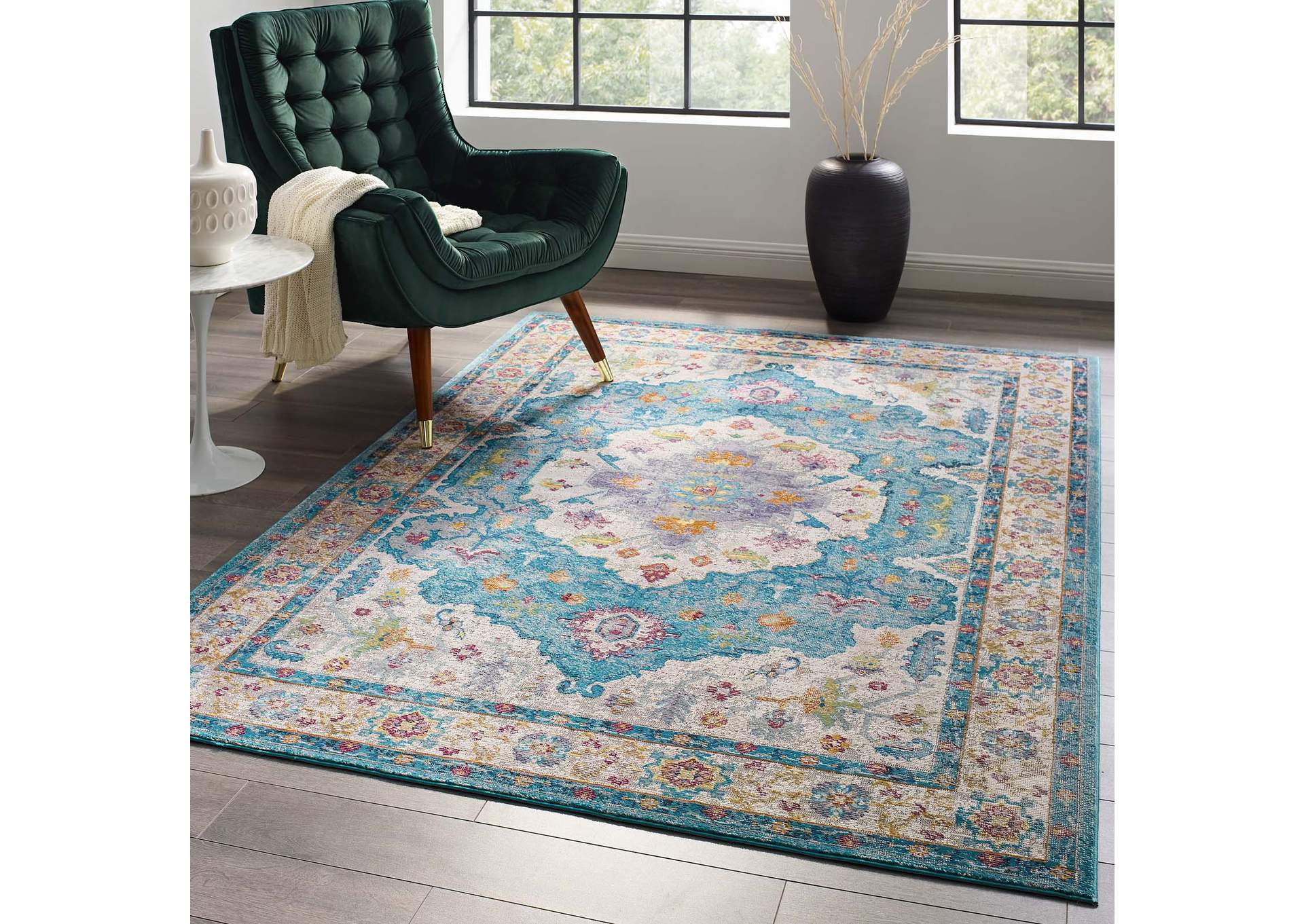 Light Blue, Ivory, Yellow, Orange Success Anisah Distressed Floral Persian Medallion 5x8 Area Rug,Modway