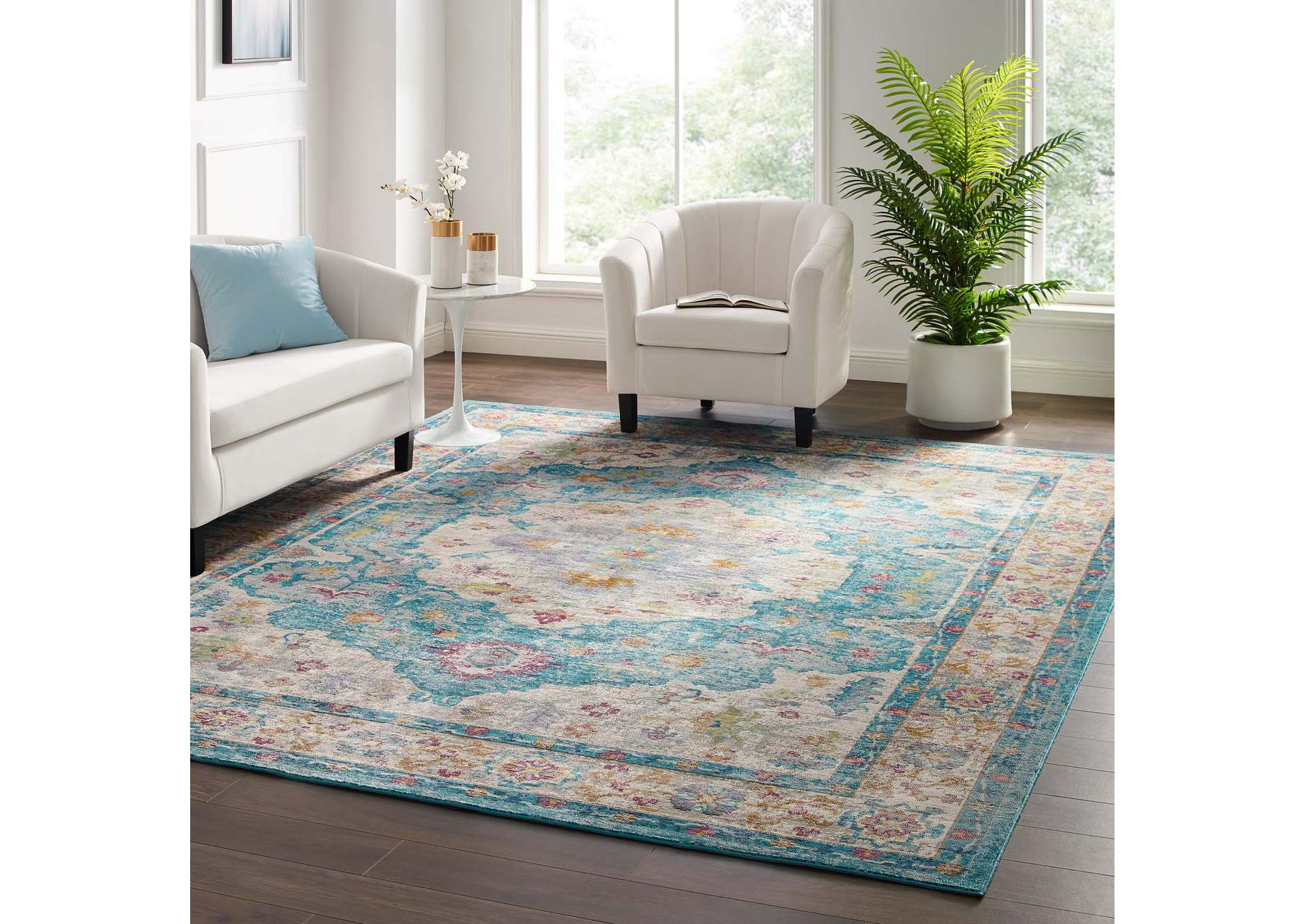 Light Blue, Ivory, Yellow Orange Success Anisah Distressed Floral Persian Medallion 8x10 Area Rug,Modway