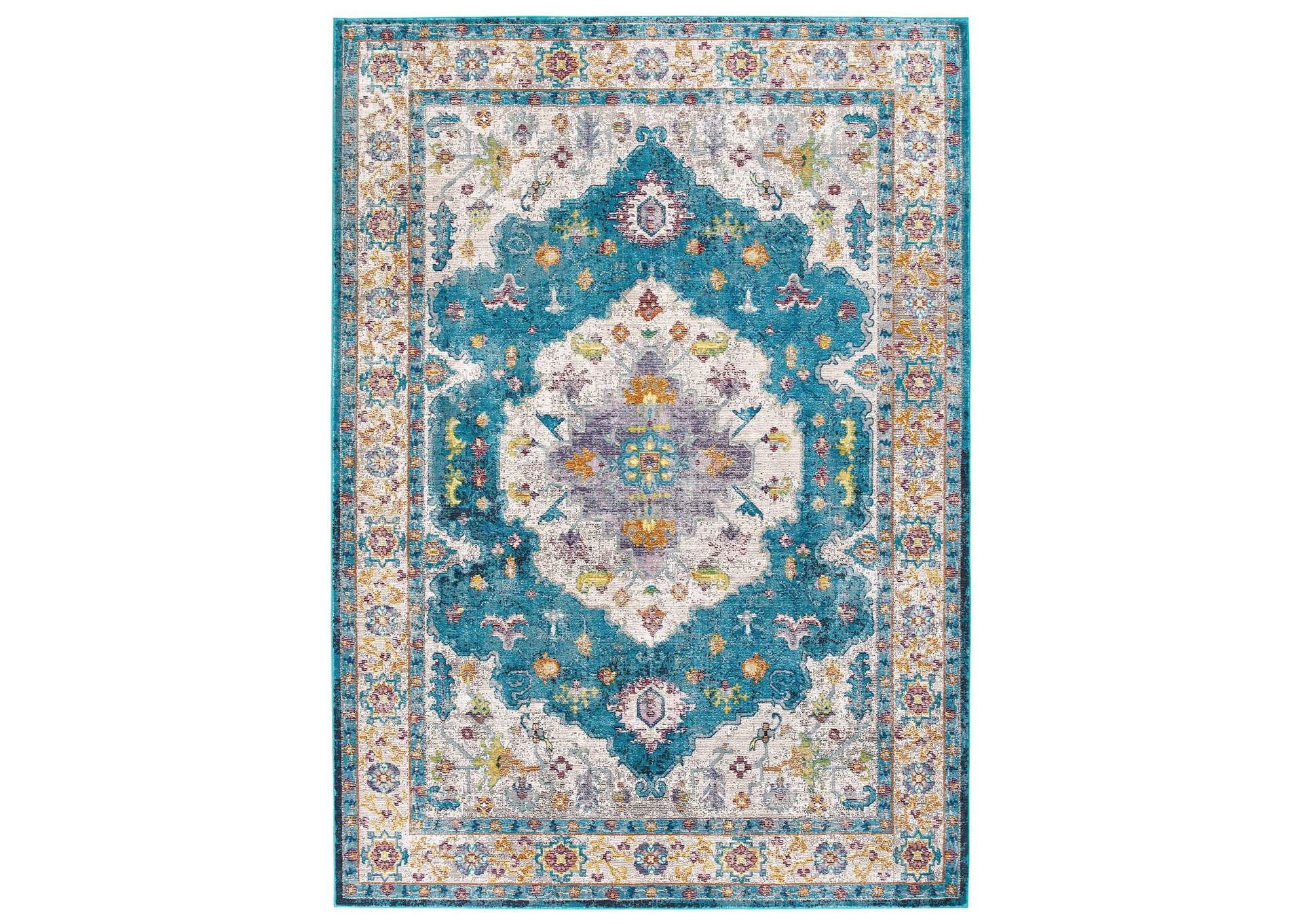 Blue, Ivory, Yellow, Orange Success Anisah Distressed Floral Persian Medallion 4x6 Area Rug,Modway