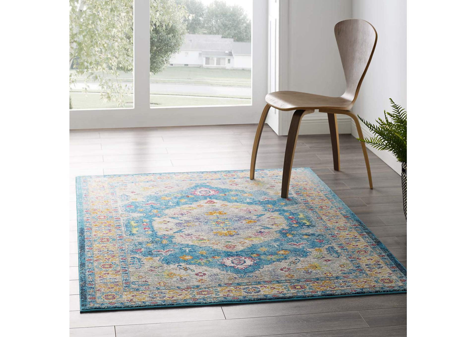 Blue, Ivory, Yellow, Orange Success Anisah Distressed Floral Persian Medallion 4x6 Area Rug,Modway